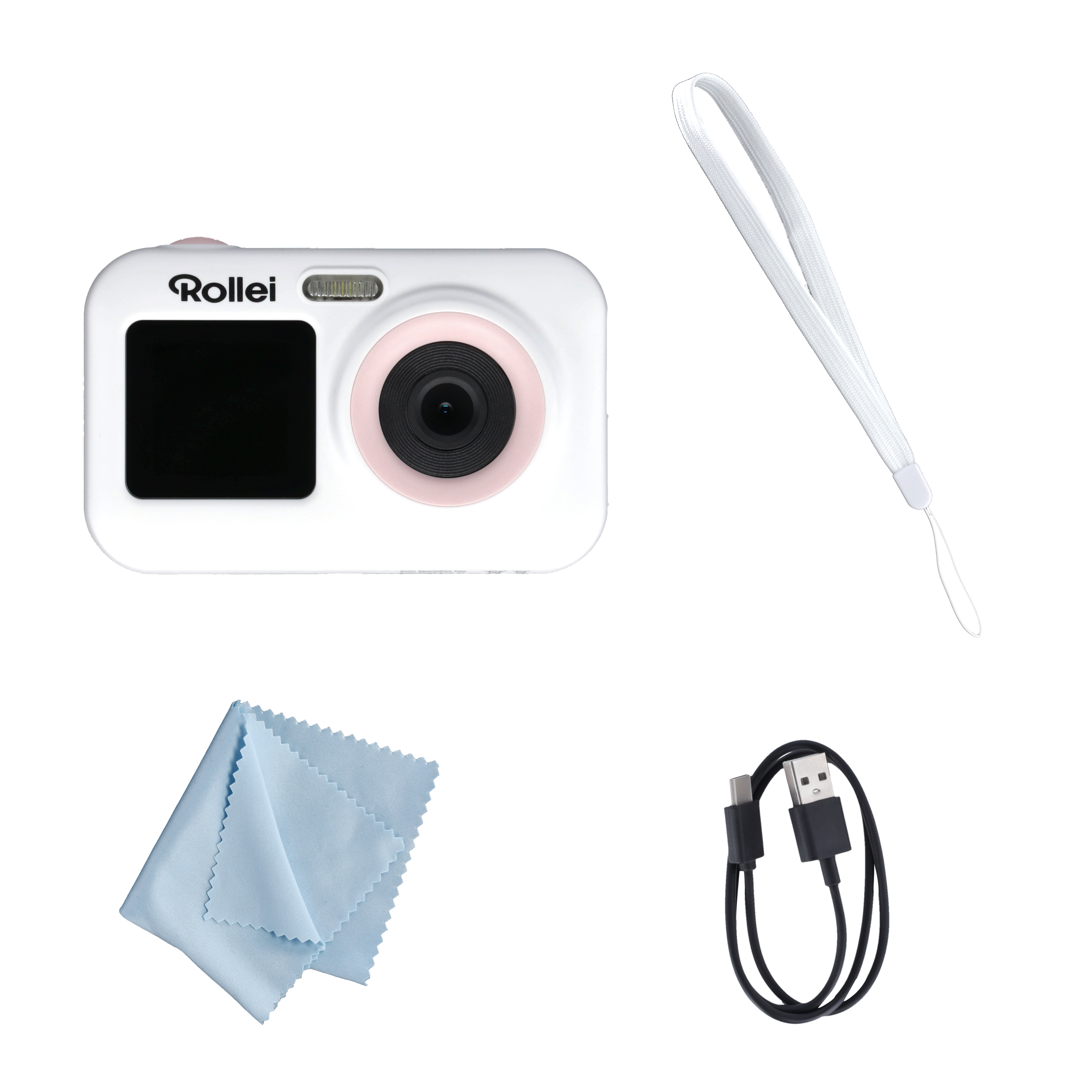 Weiße Rollei Kamera mit pinken Details, Zubehör: Gurt, Tuch und Kabel.