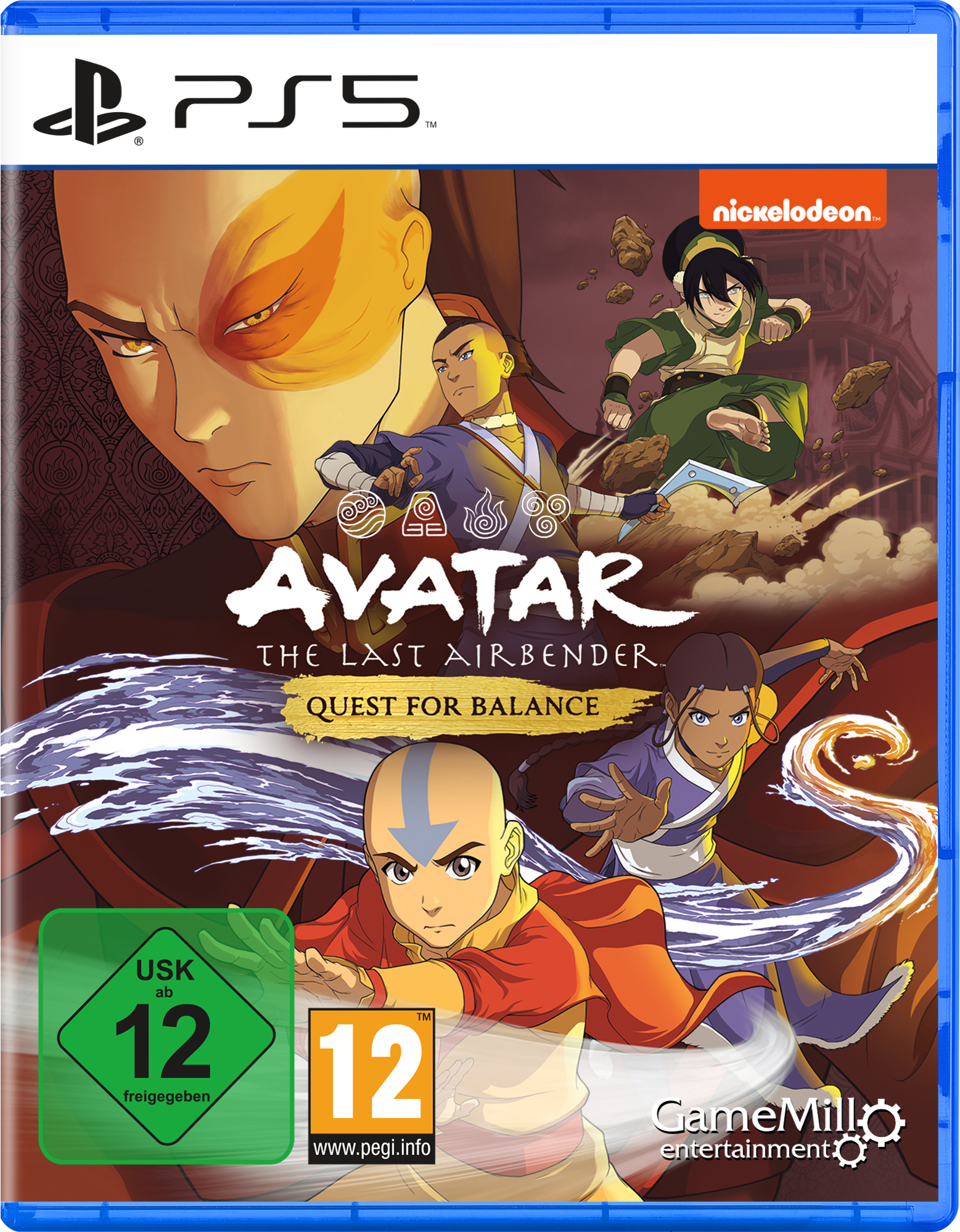 Avatar: Der Herr der Elemente PS5-Spielcover. Zeigt Aang, Zuko und Katara, mit USK 12.