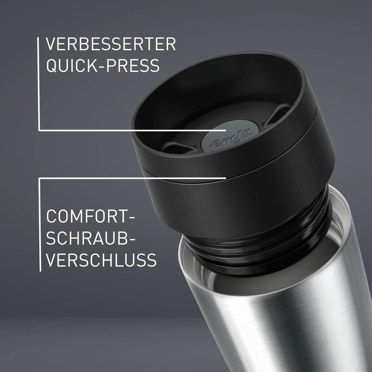 Nahaufnahme einer Edelstahl-Thermoskanne. Schwarzer Deckel mit Textindikatoren. Grauer Hintergrund.