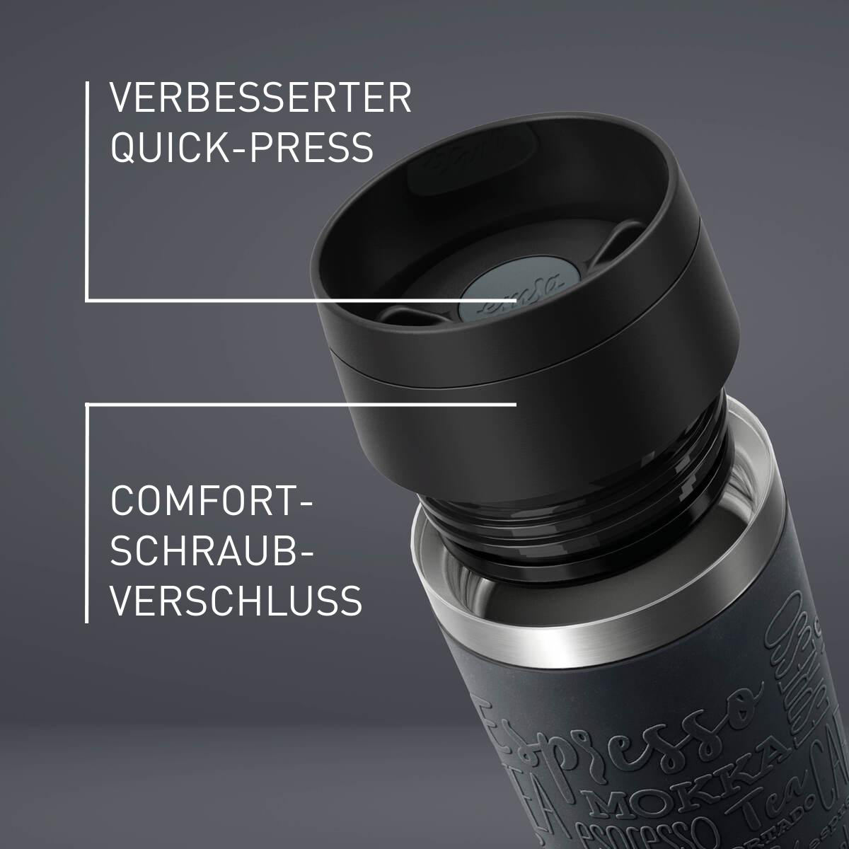 Schwarzer Reisebecher mit Etiketten und Text.