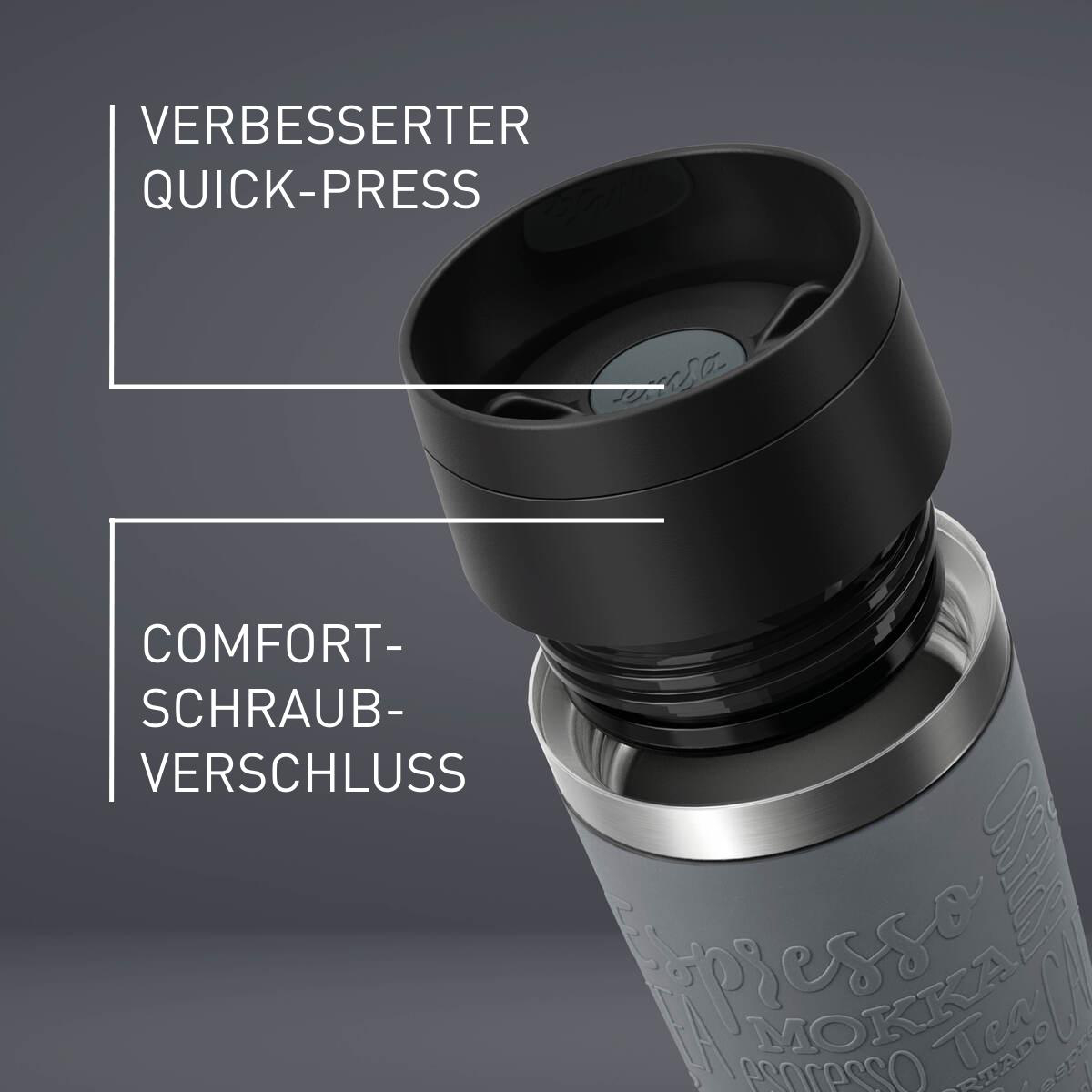 Grauer Reisebecher mit Text und schwarzem Deckel, Comfort-Schraubverschluss beschriftet.