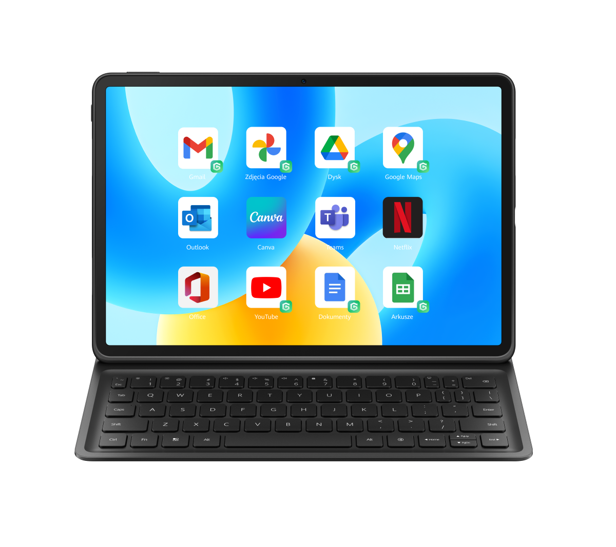 Tablet z klawiaturą. Ekran wyświetla ikony aplikacji, takie jak Gmail, Outlook i Netflix.