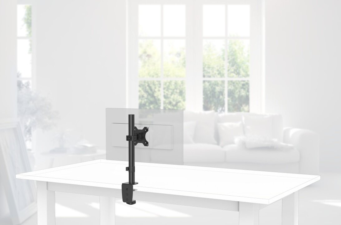 Monitor i stojak na monitor na białym stole z białym tłem.