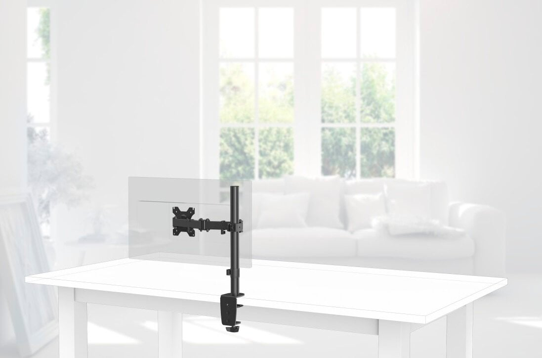 Ramię do monitora zamontowane na białym biurku. Tło to rozmyty pokój z sofą.