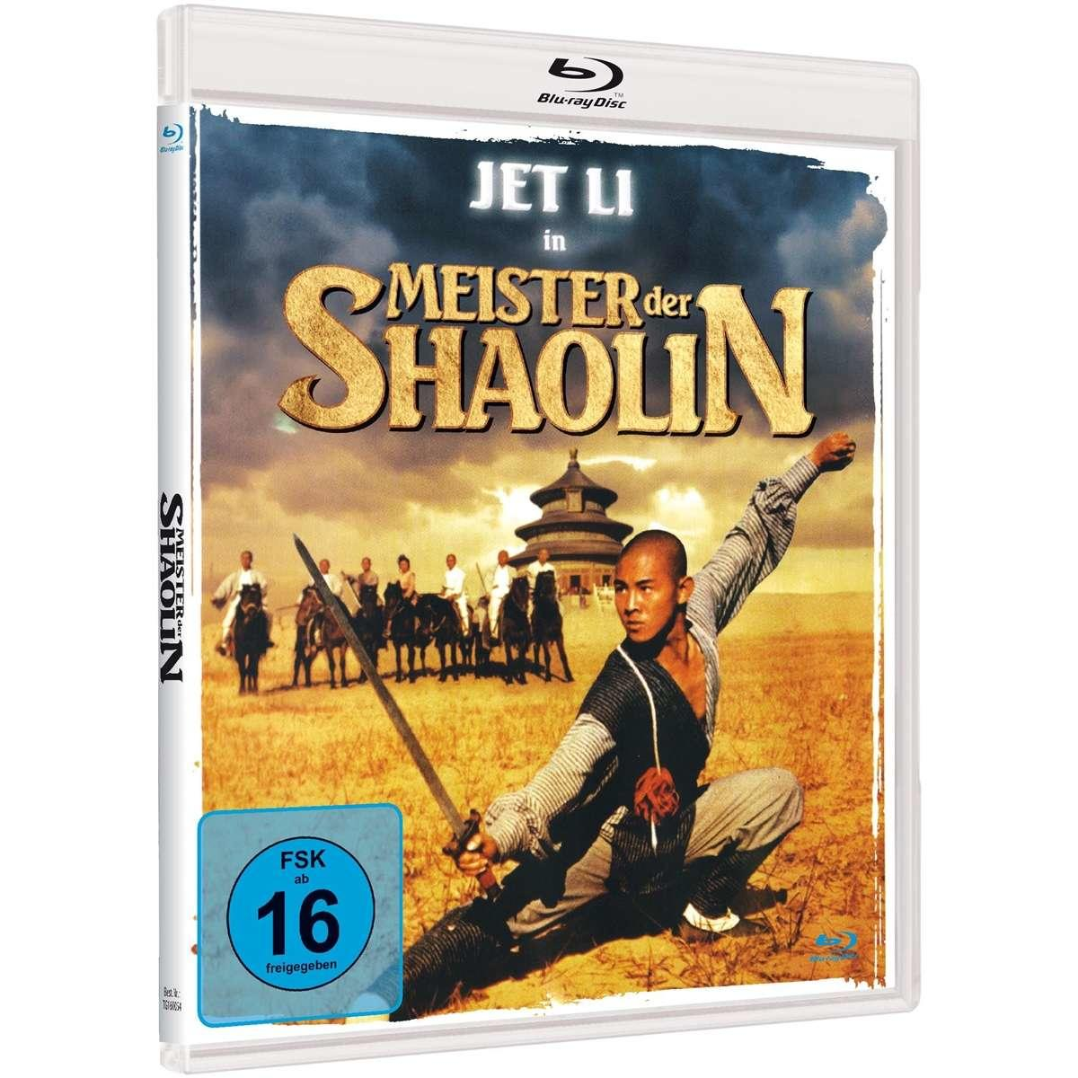 Blu-ray-Filmcover. Jet Li in 'Meister der Shaolin'. Mann mit Schwert vor Tempel, goldfarbener Text.