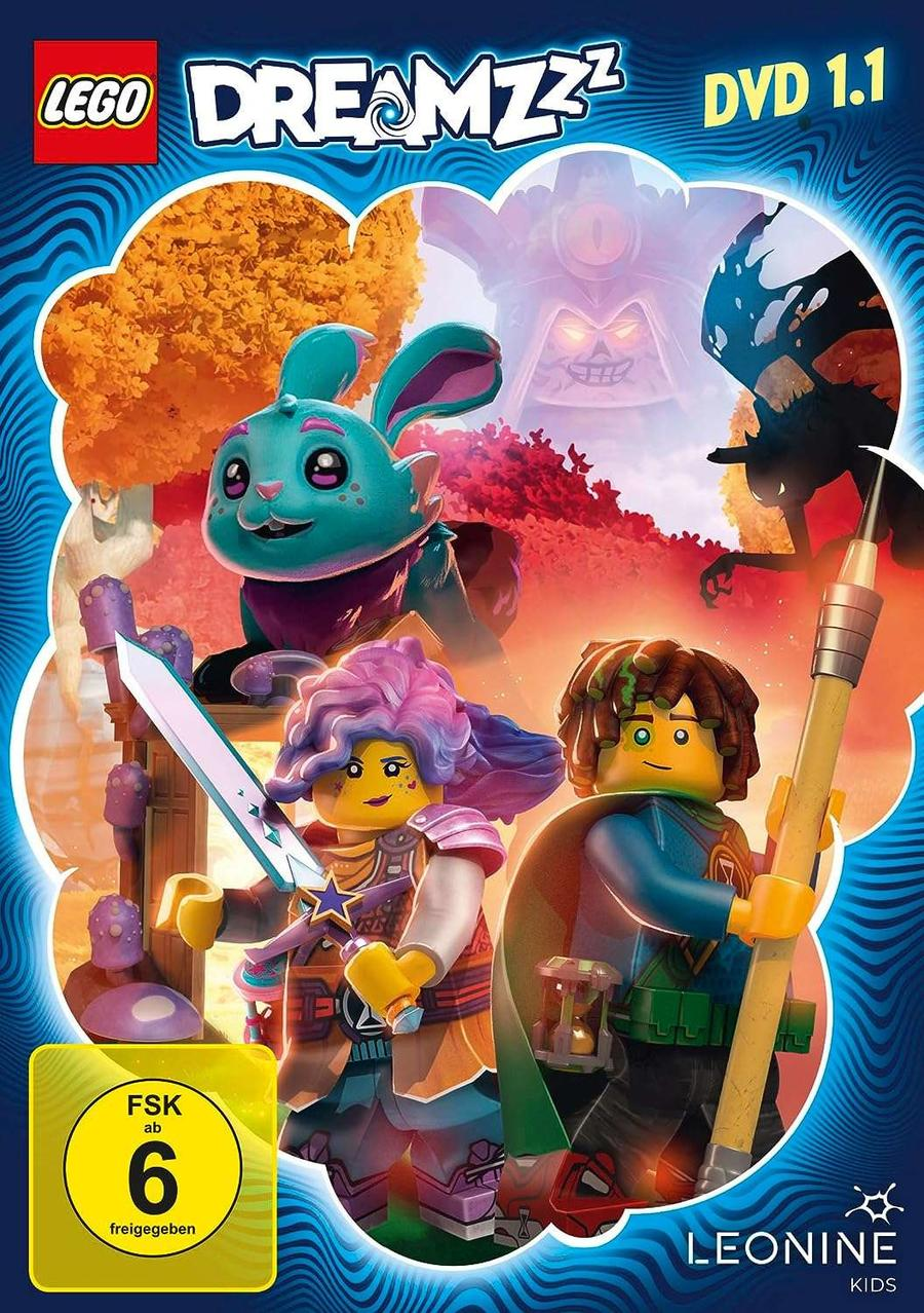 DVD-Cover für LEGO DREAMZzz, zeigt Lego-Charaktere mit Fantasy-Hintergrund.