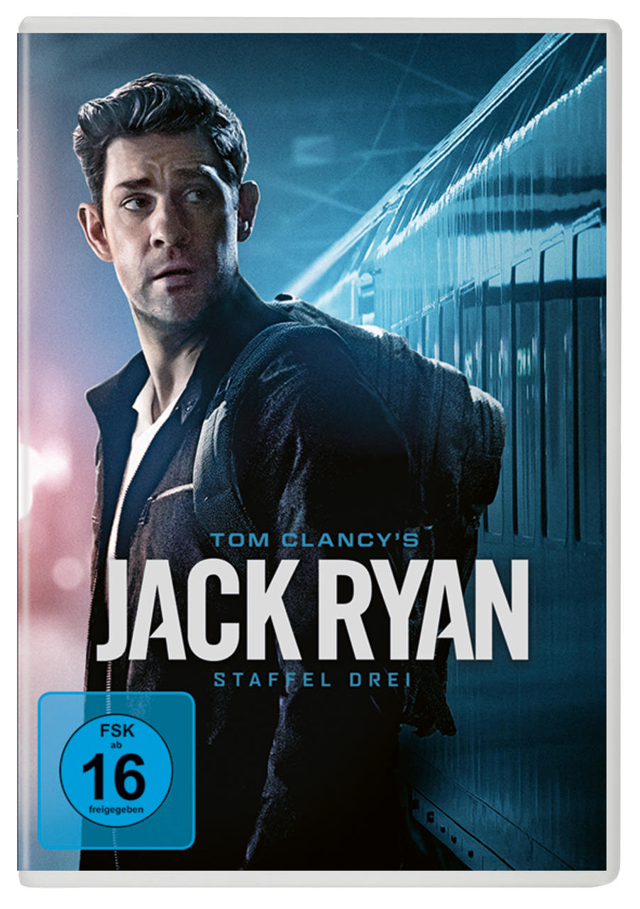 Filmcover für Jack Ryan, Staffel 3. John Krasinski ist mit einem Zug-Hintergrund zu sehen.