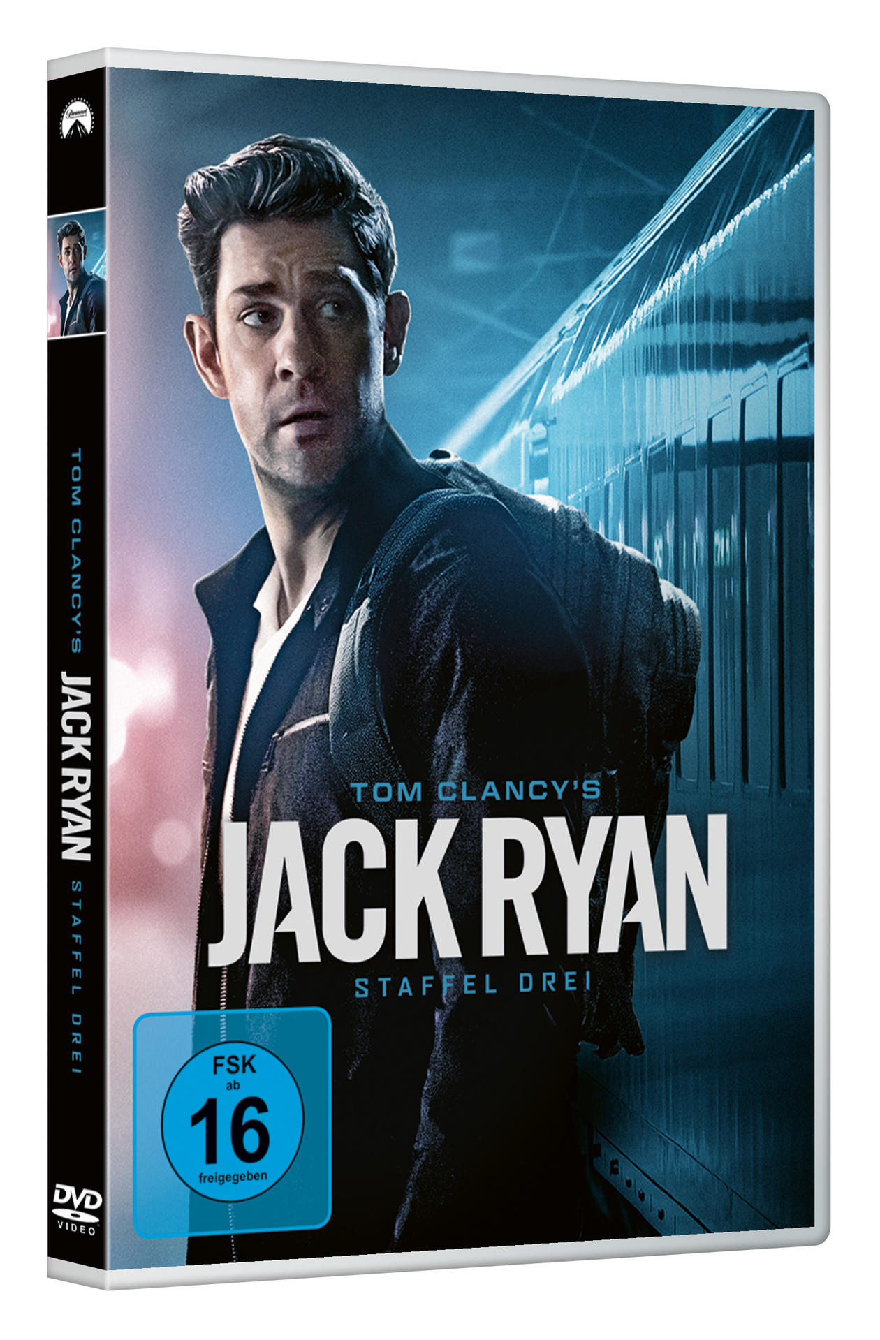 DVD-Cover des Films Jack Ryan Staffel Drei, mit einem Mann in einer schwarzen Jacke.