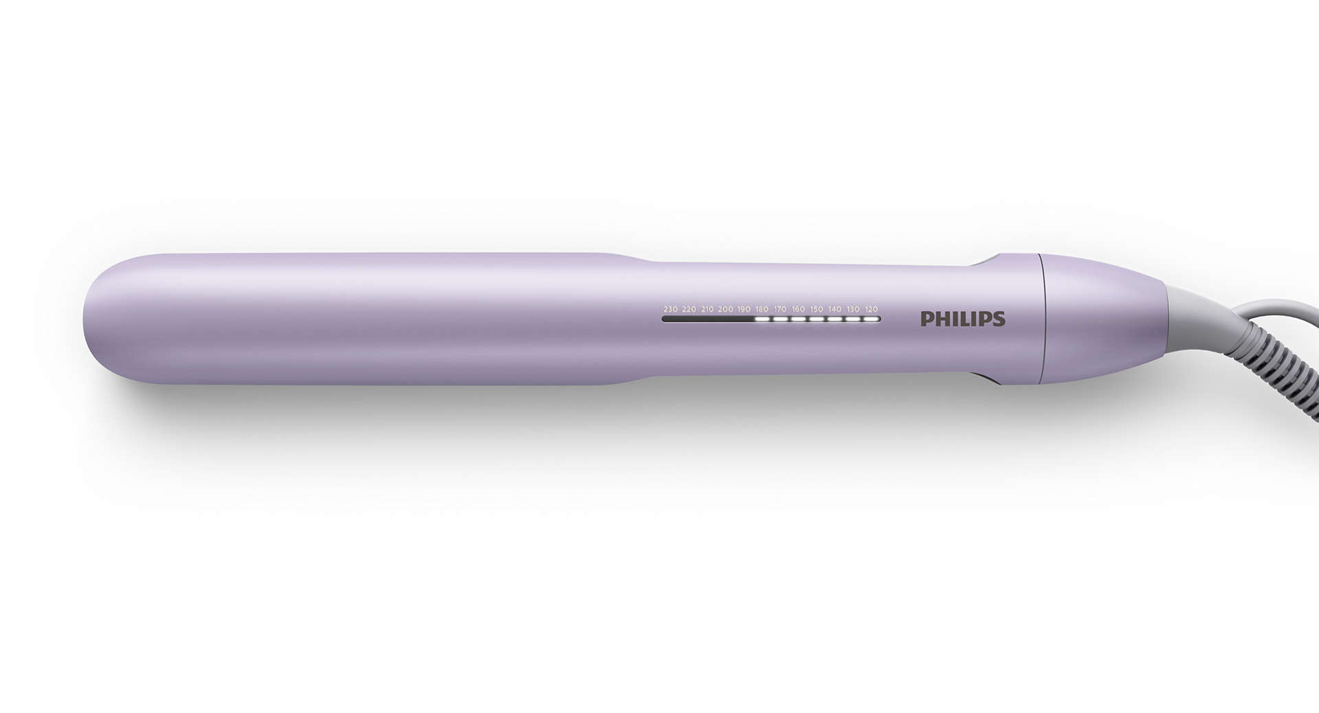 Egy lila hajsimító fehér felületen, Philips logóval. Hőmérséklet-beállításokkal.