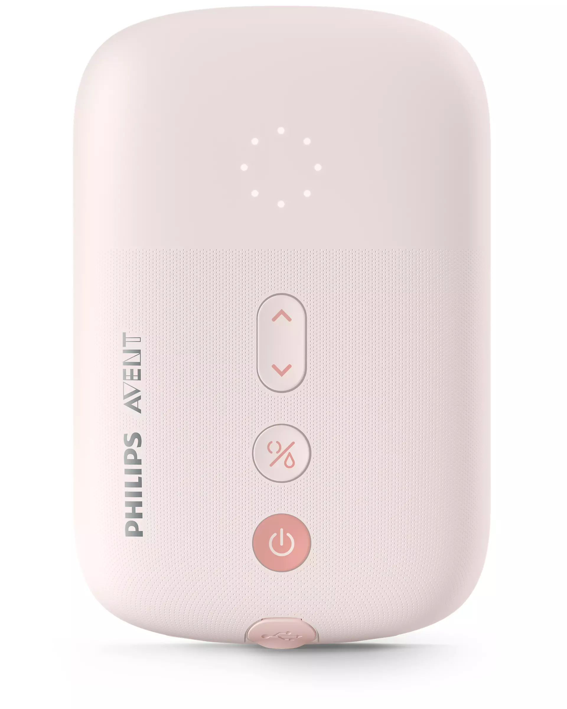 Rózsaszín Philips Avent bébimonitor gombokkal. Lekerekített kialakítású és hangszóróval rendelkezik.