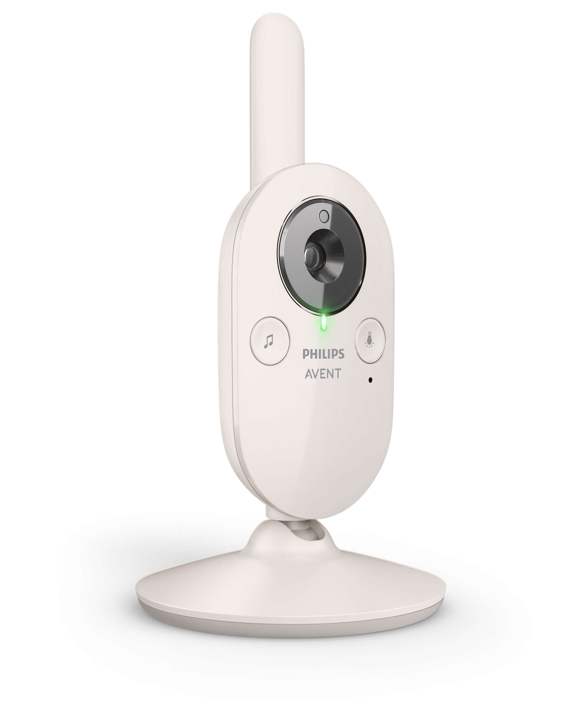 Egy fehér Philips Avent bébimonitor kamerával és talppal, zöld fényt mutatva.
