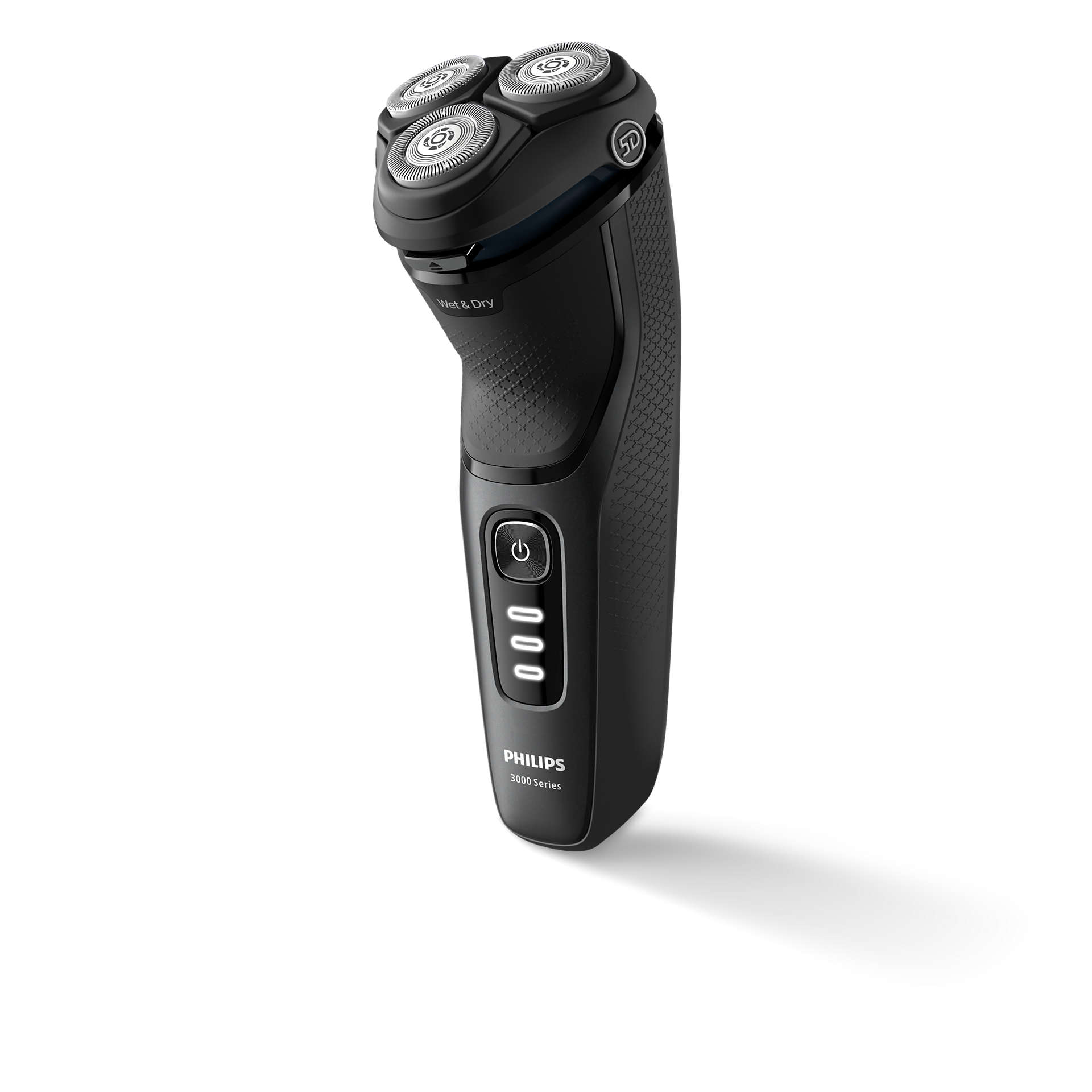 Fekete Philips 3000 Series elektromos borotva három fejjel és gombokkal.