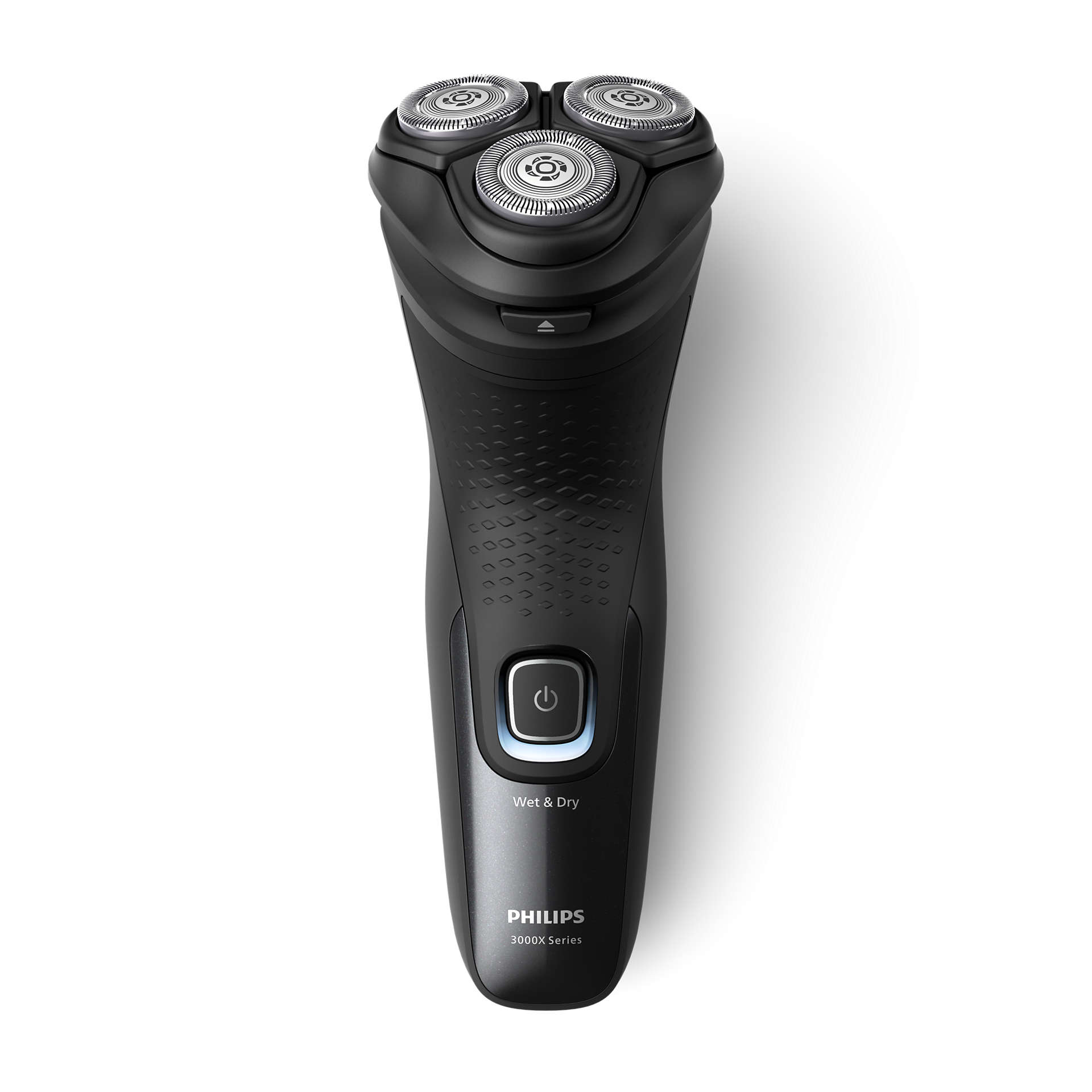 Fekete Philips elektromos borotva, három forgó fejjel, fehér alapon izolálva.