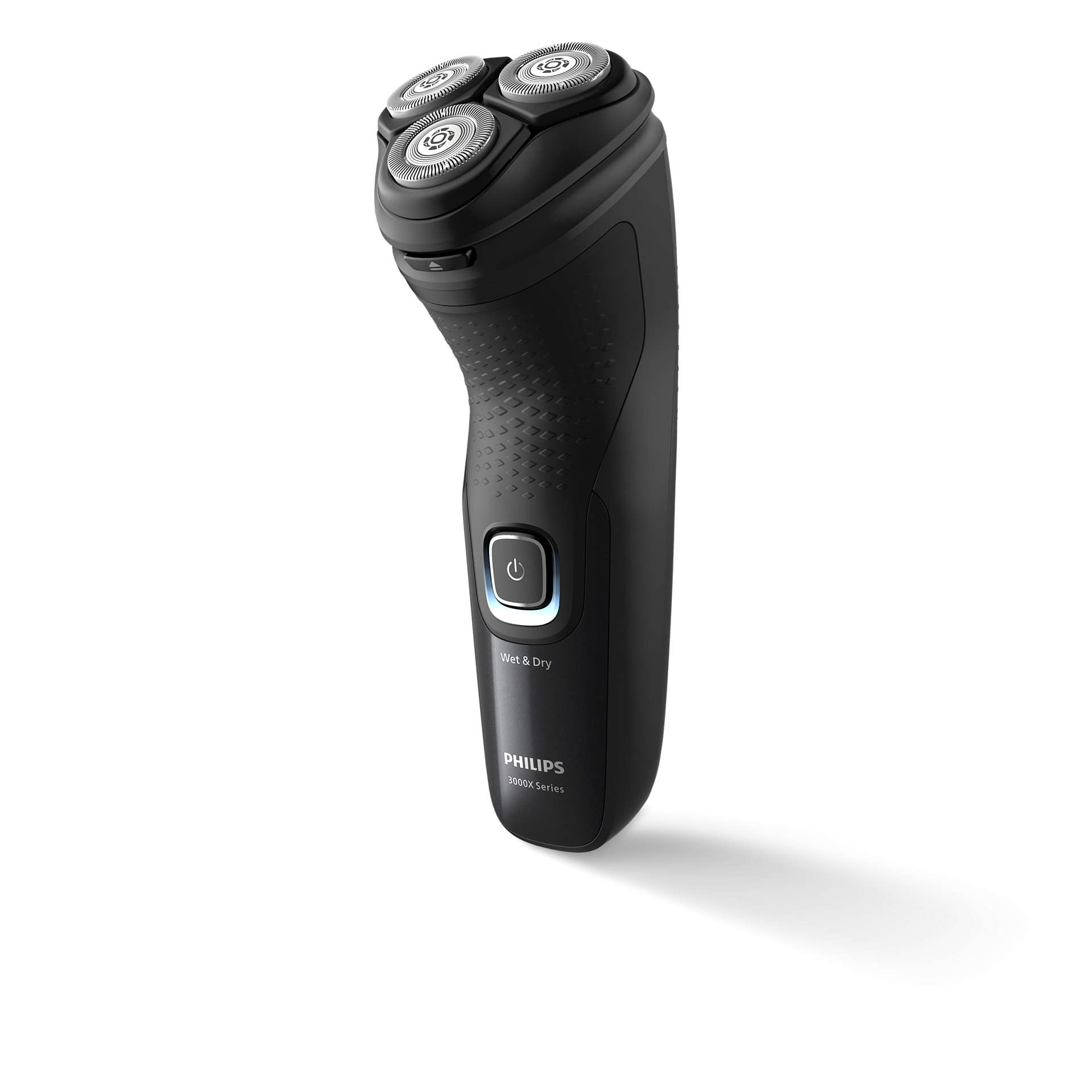 Egy fekete Philips elektromos borotva fehér háttéren, 'Wet & Dry' gombbal, három forgófejjel.
