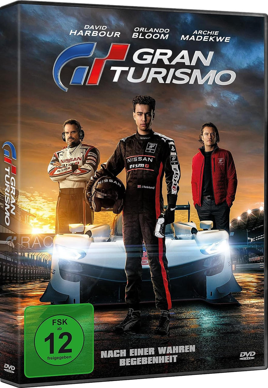 DVD-Cover des Films "Gran Turismo". Zeigt Schauspieler und ein Auto auf einer Rennstrecke.