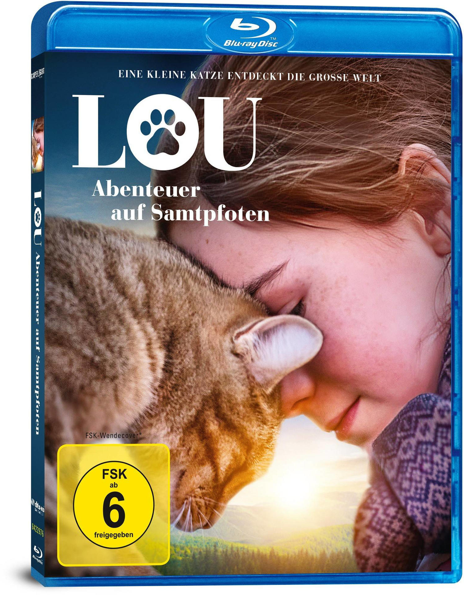 Blu-ray-Disc-Cover, Kind mit Katze, Titel: Lou: Abenteuer auf Samtpfoten.
