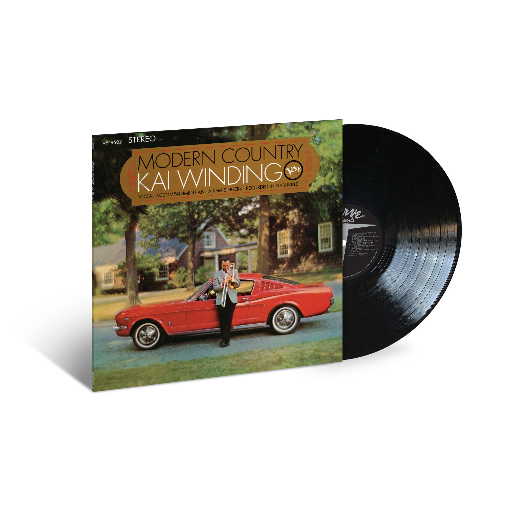 Ein Vinyl-Schallplatten-Albumcover mit einem roten Auto und einem Mann mit einer Posaune.