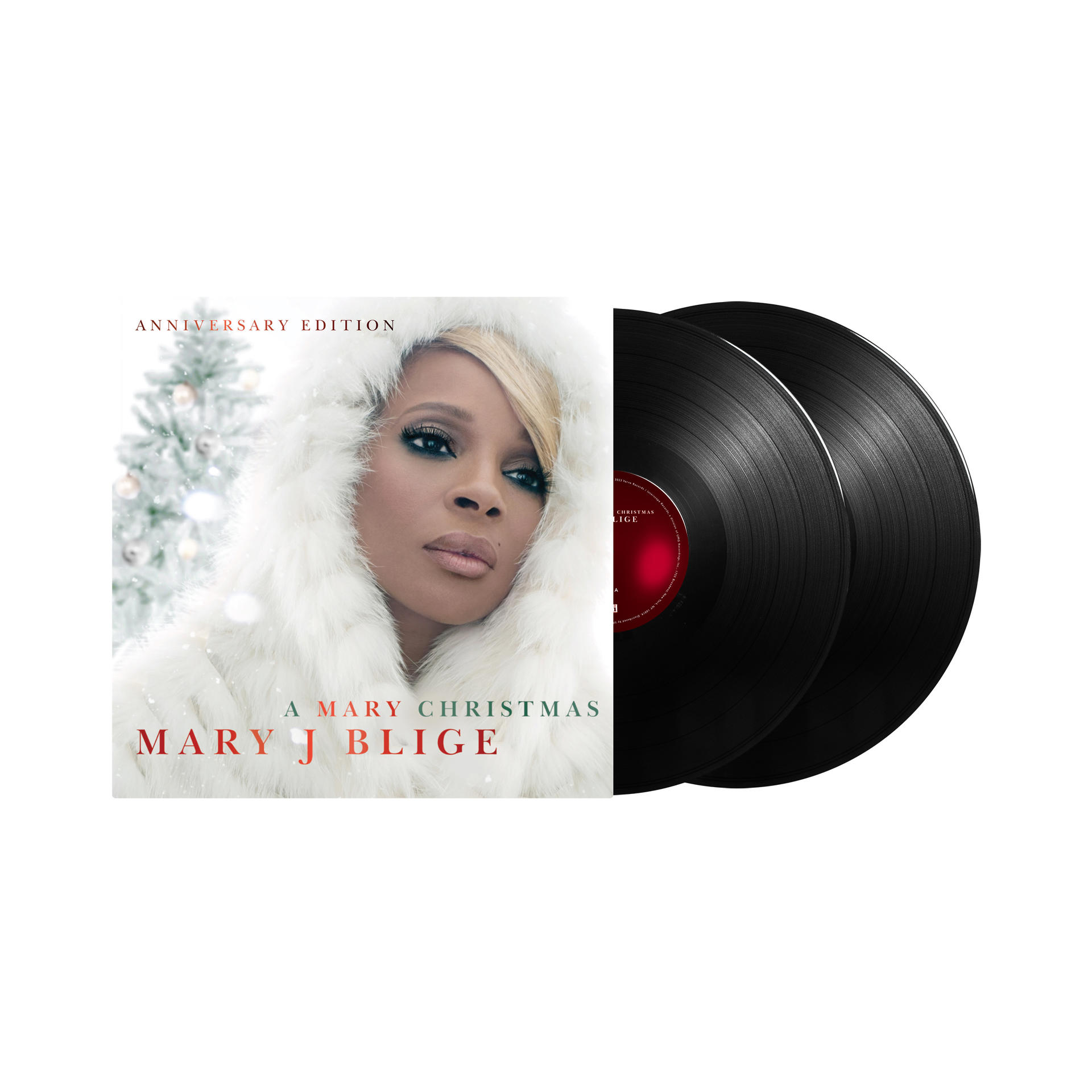 Albumcover mit Mary J. Blige. Zwei schwarze Schallplatten rechts.