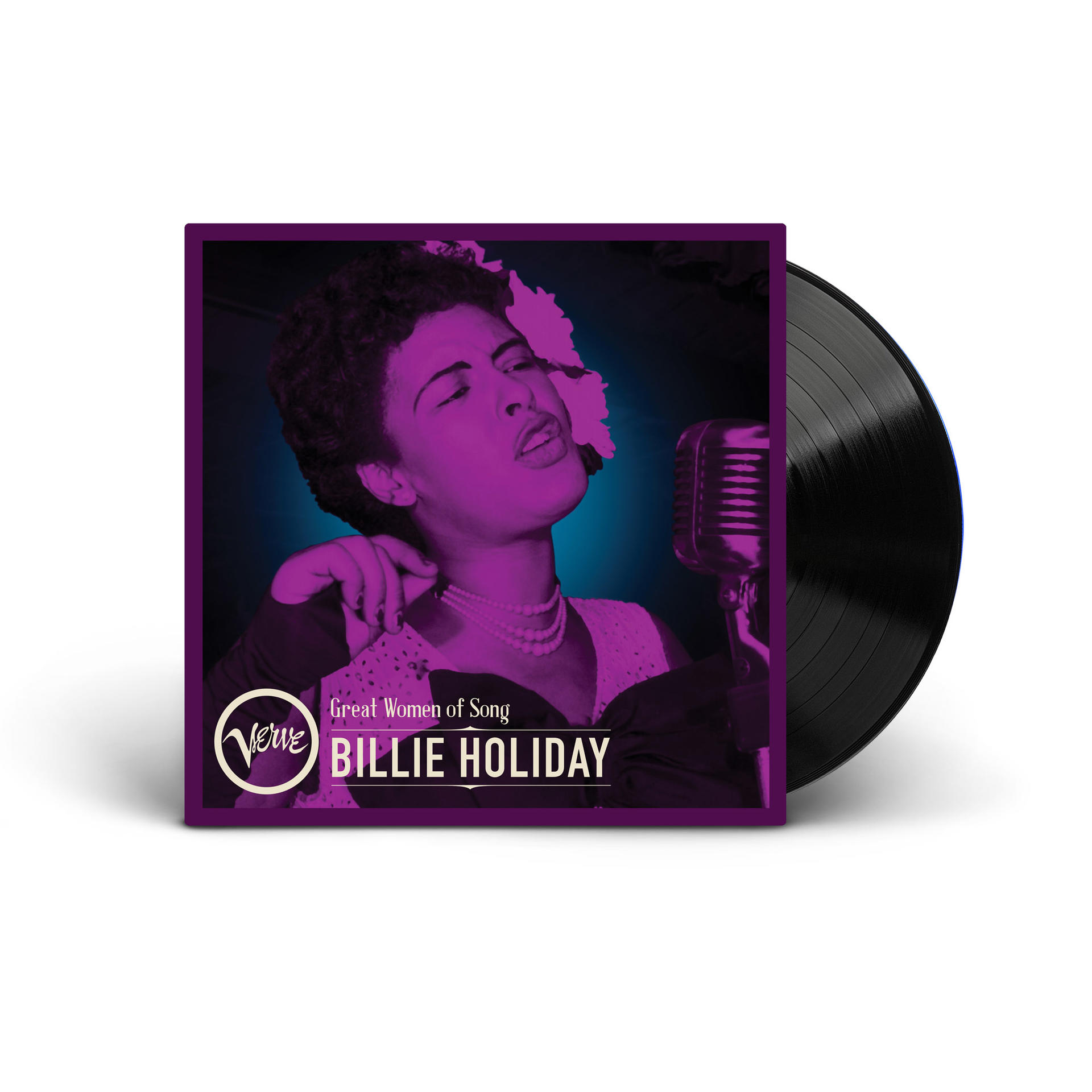 Albumcover mit Billie Holiday. Lila Hintergrund, weißer Text. Schallplatte rechts.