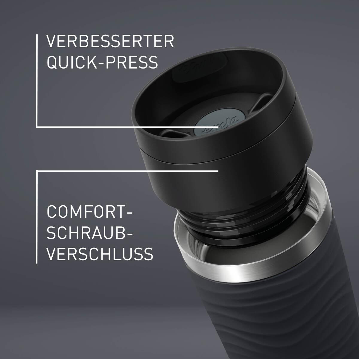 Schwarzer und silberner Reisebecher mit schwarzem Deckel, beschriftet mit 'Quick-Press' und 'Schraubverschluss'.