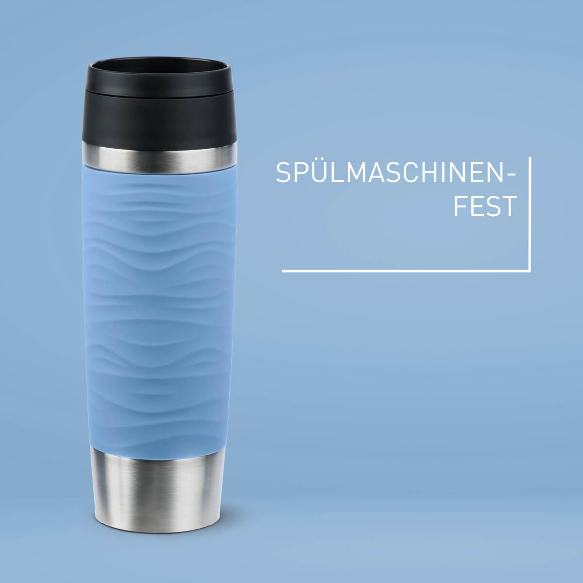 Blau-silberner Reisebecher auf blauem Hintergrund. Text sagt 'Spülmaschinen-Fest'.