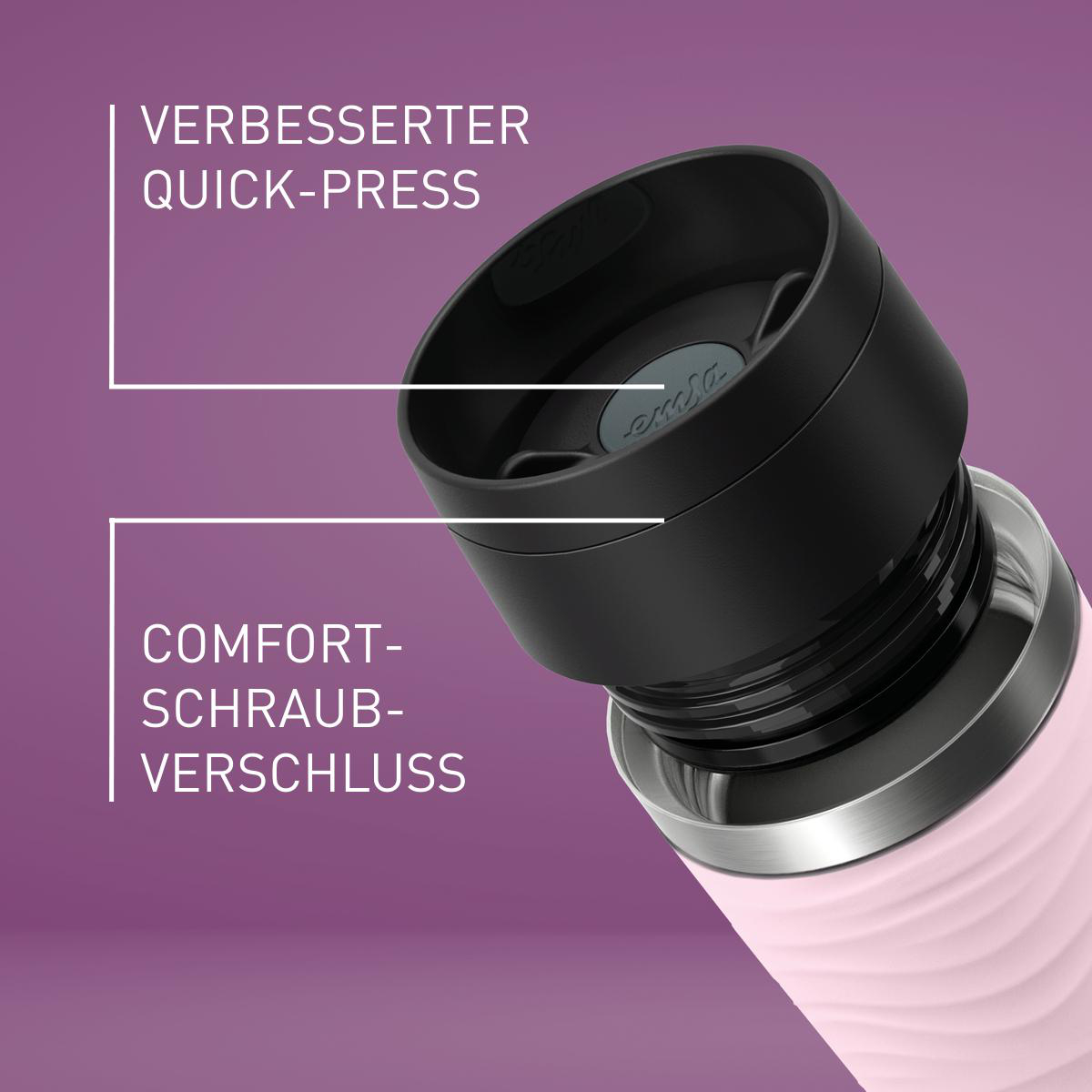 Rosa isolierter Becher mit schwarzem Deckel. Textlabels 'VERBESSERTER QUICK-PRESS' und 'COMFORT-SCHRAUB-VERSCHLUSS'.