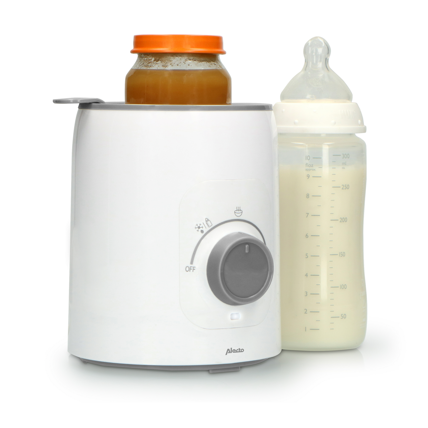 White baby bottle warmer with a jar of baby food and a bottle.