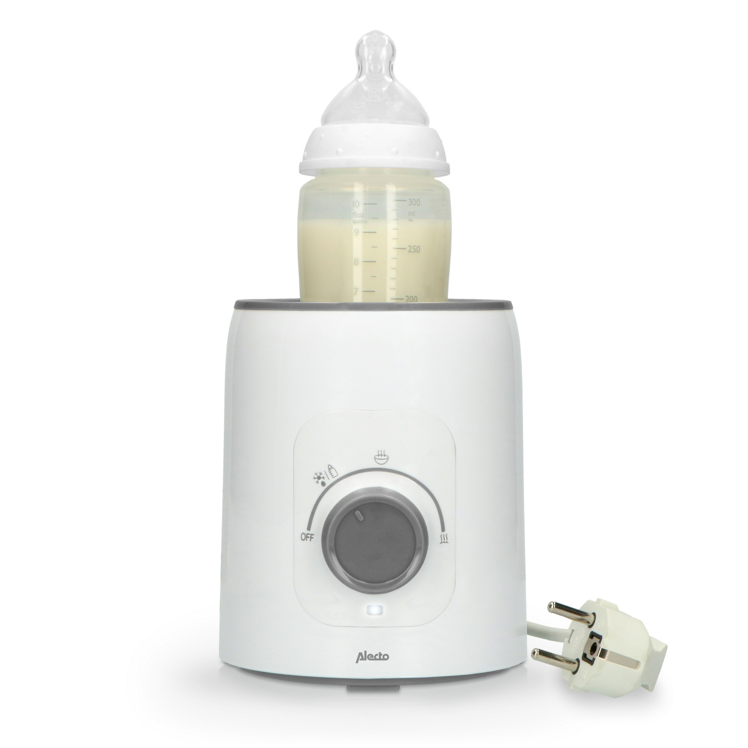 White baby bottle warmer with a bottle of milk. A dial and plug are visible on a white background.