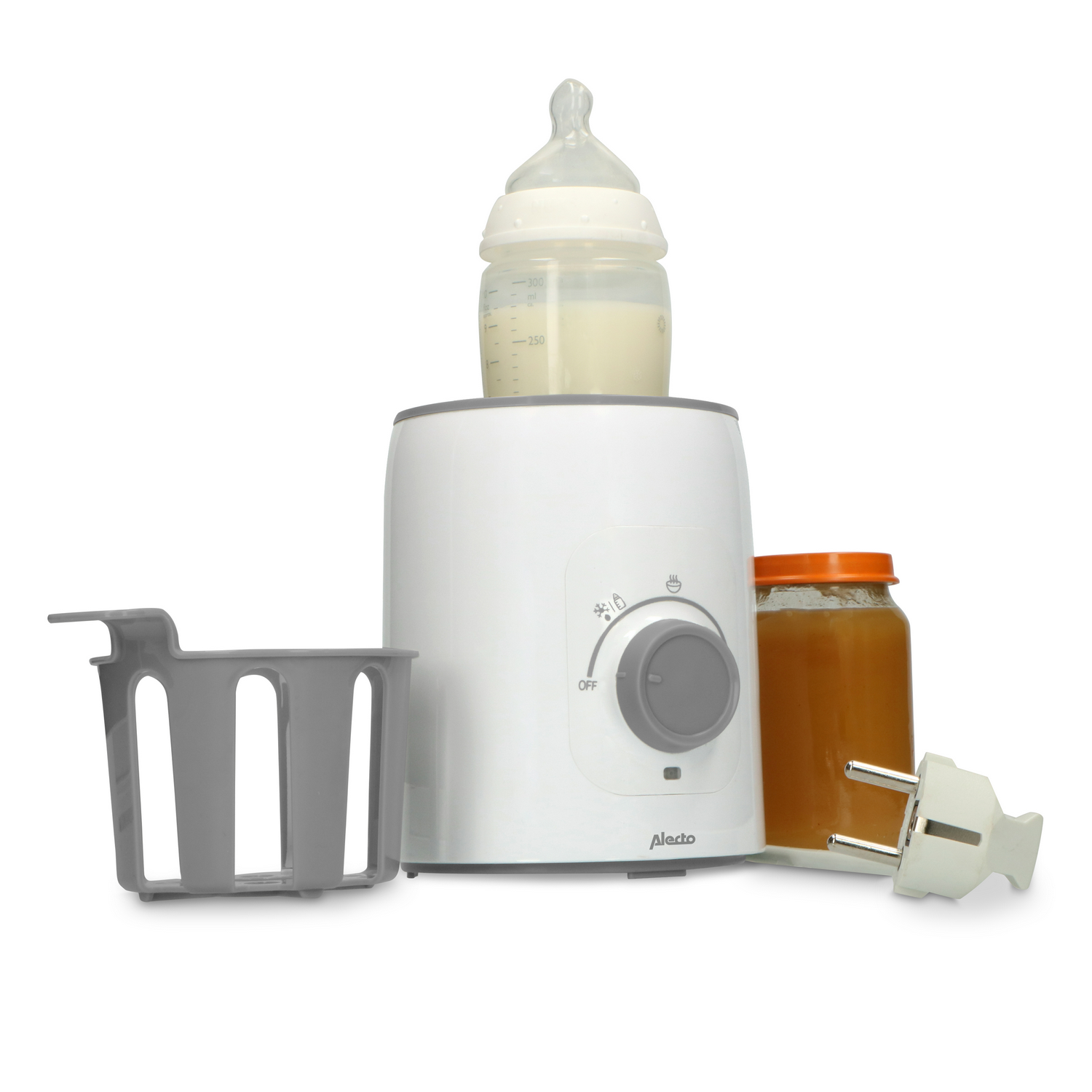 A baby bottle and a jar of food on a white bottle warmer, with accessories.