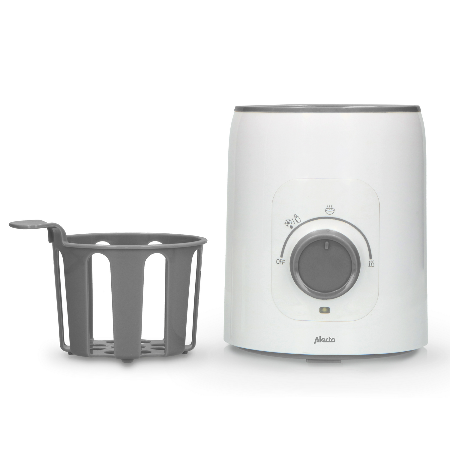 White baby bottle warmer with a gray basket next to it, both on a white surface.
