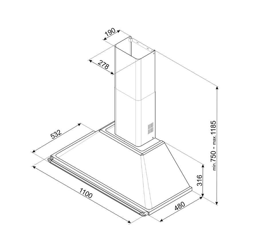 Ein Diagramm einer Küchenhaube mit Abmessungen und Winkeln.