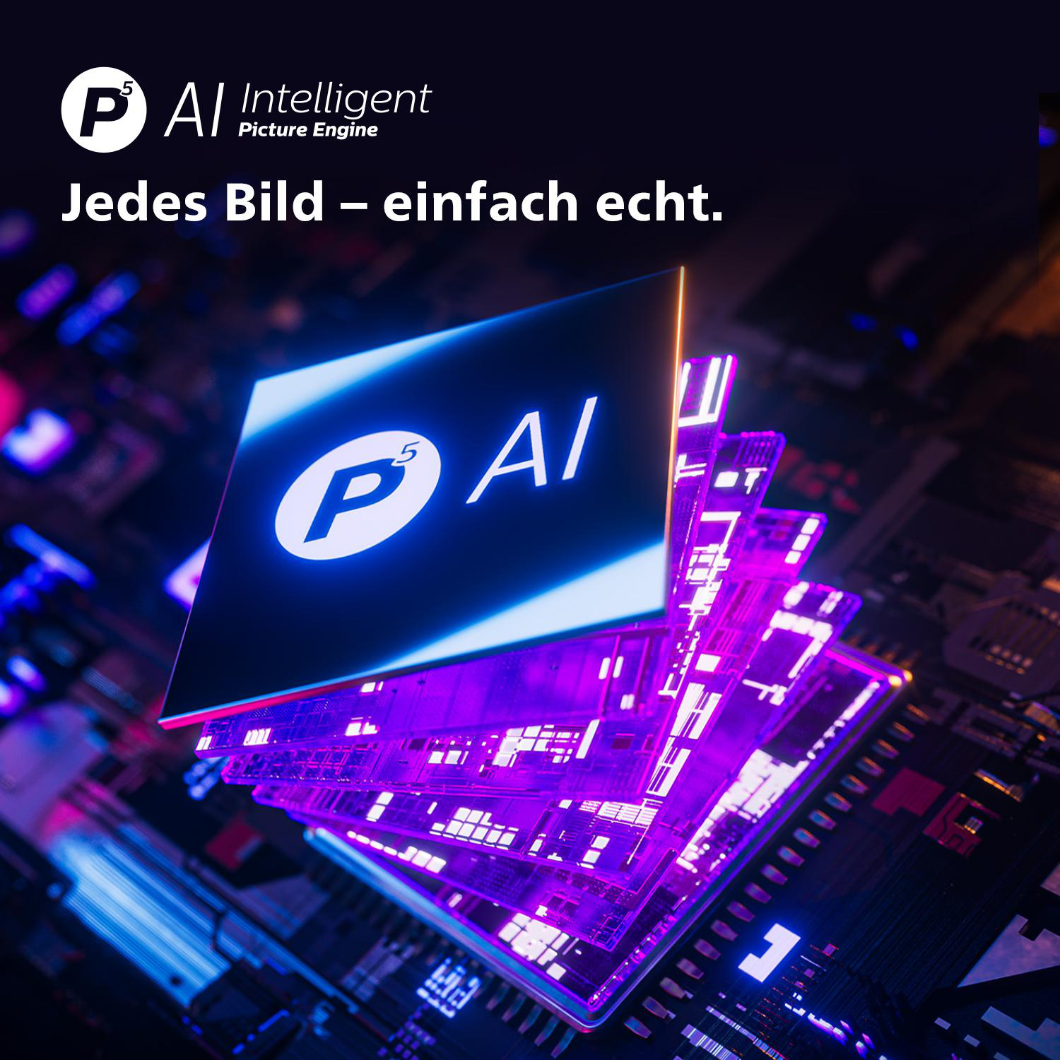 Grafik mit 'P AI Intelligent Picture Engine', zeigt einen stilisierten Prozessor mit violettem Leuchten.