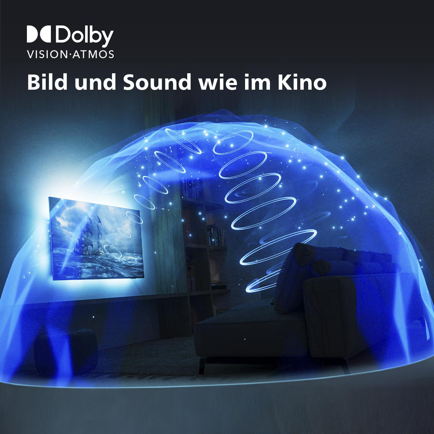Ein Fernsehbildschirm zeigt ein Schiff auf Wasser, mit einem Dolby Atmos Surround-Effekt in Blau.