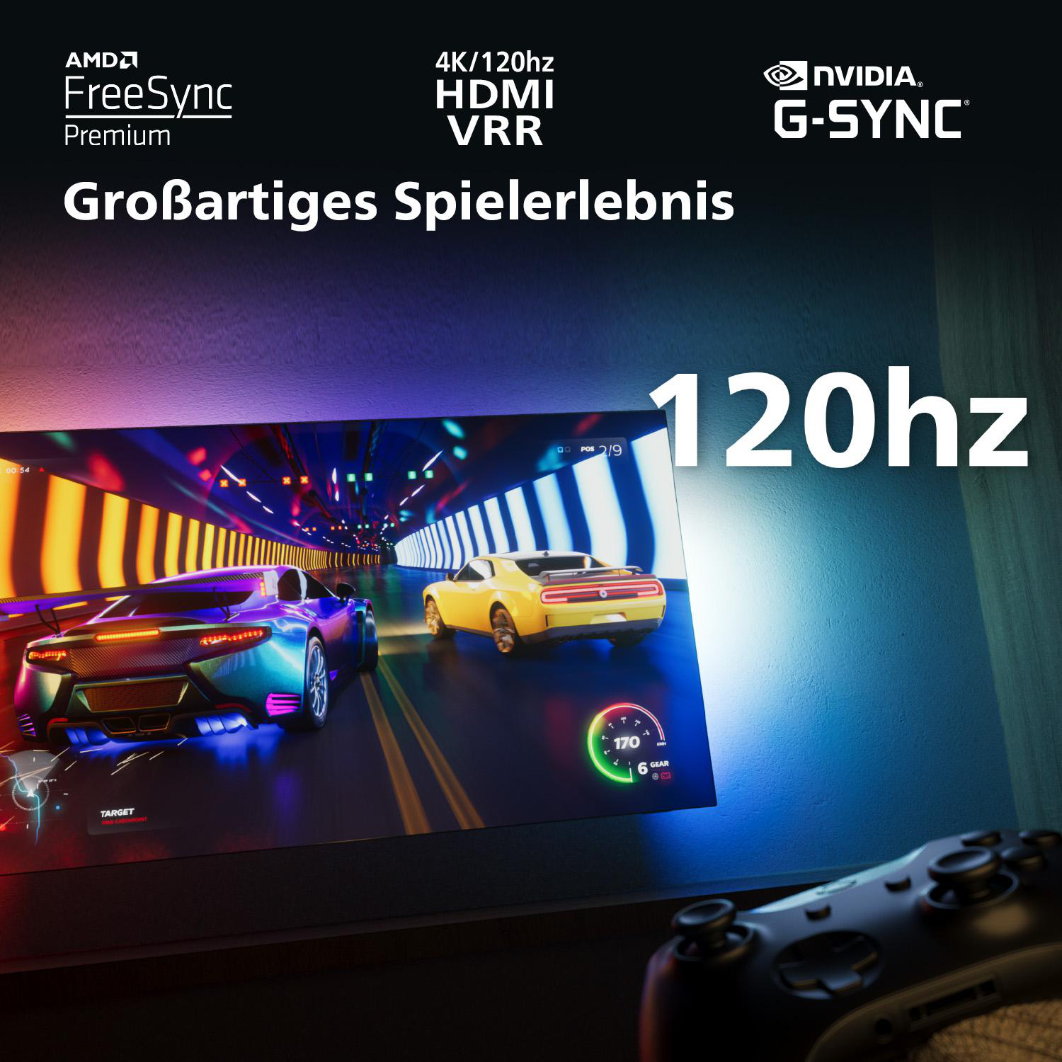 Ein Monitor mit einer Rennspielszenen. Der Bildschirm zeigt zwei Autos, die auf einer Strecke fahren.