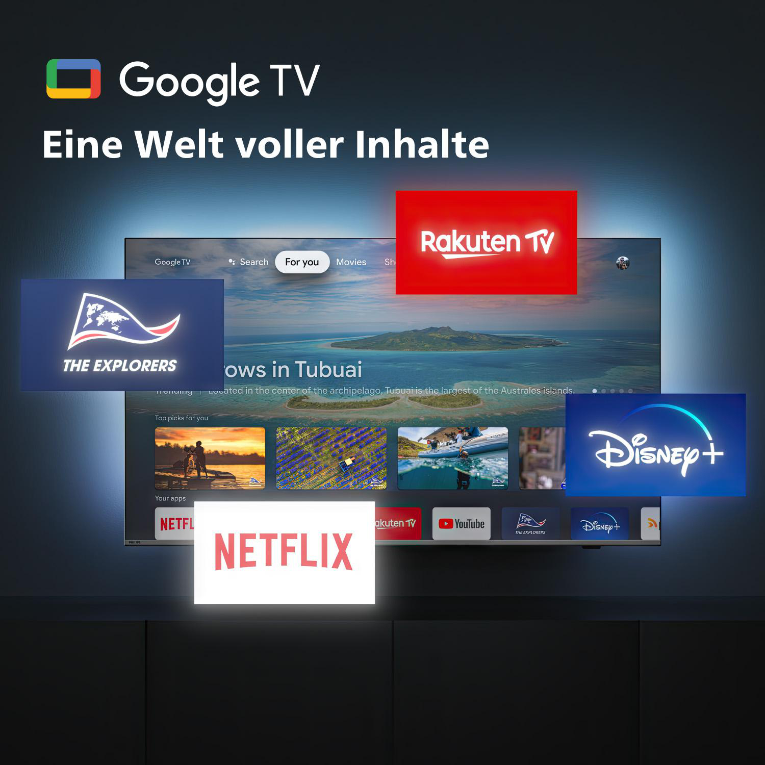 TV-Bildschirm mit verschiedenen Apps und Inhalten. Google TV-Logo oben. Apps sind Netflix, Disney+ und Rakuten TV.
