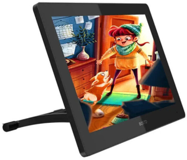 Tablet do rysowania z sceną z kreskówki na ekranie. Dziewczyna z psem w pokoju, tło to niebieska ściana.