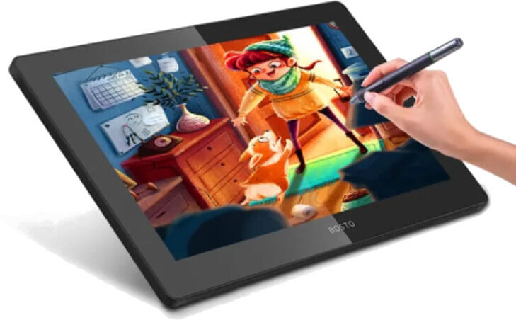 Tablet z rysunkiem na ekranie. Ręka trzyma rysik.