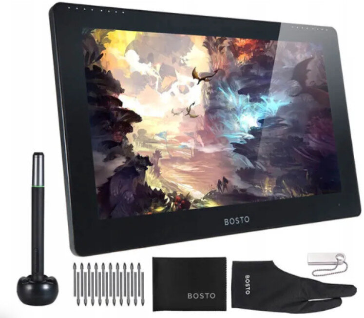Duży czarny tablet do rysowania z piórem i akcesoriami na białym tle.