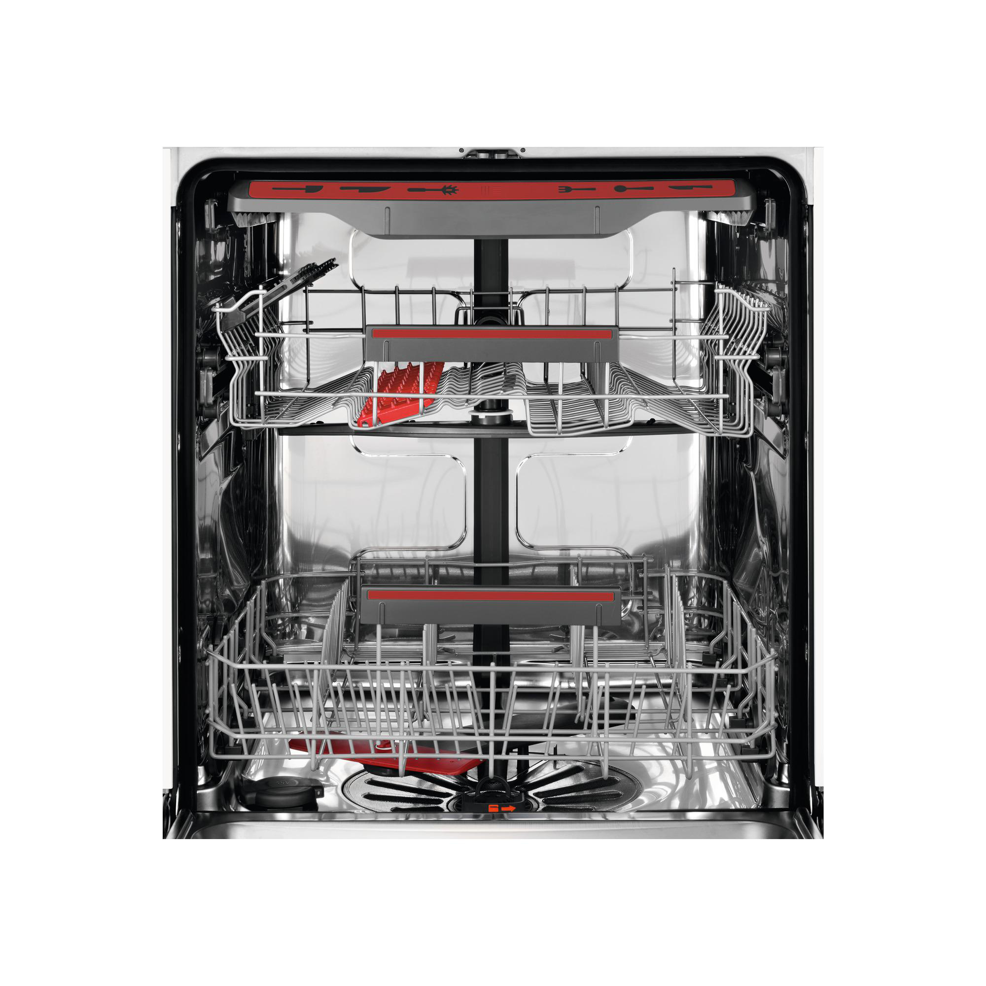 Eine offene Spülmaschine mit Geschirrgestellen. Sie ist leer und der Innenraum ist Edelstahl.