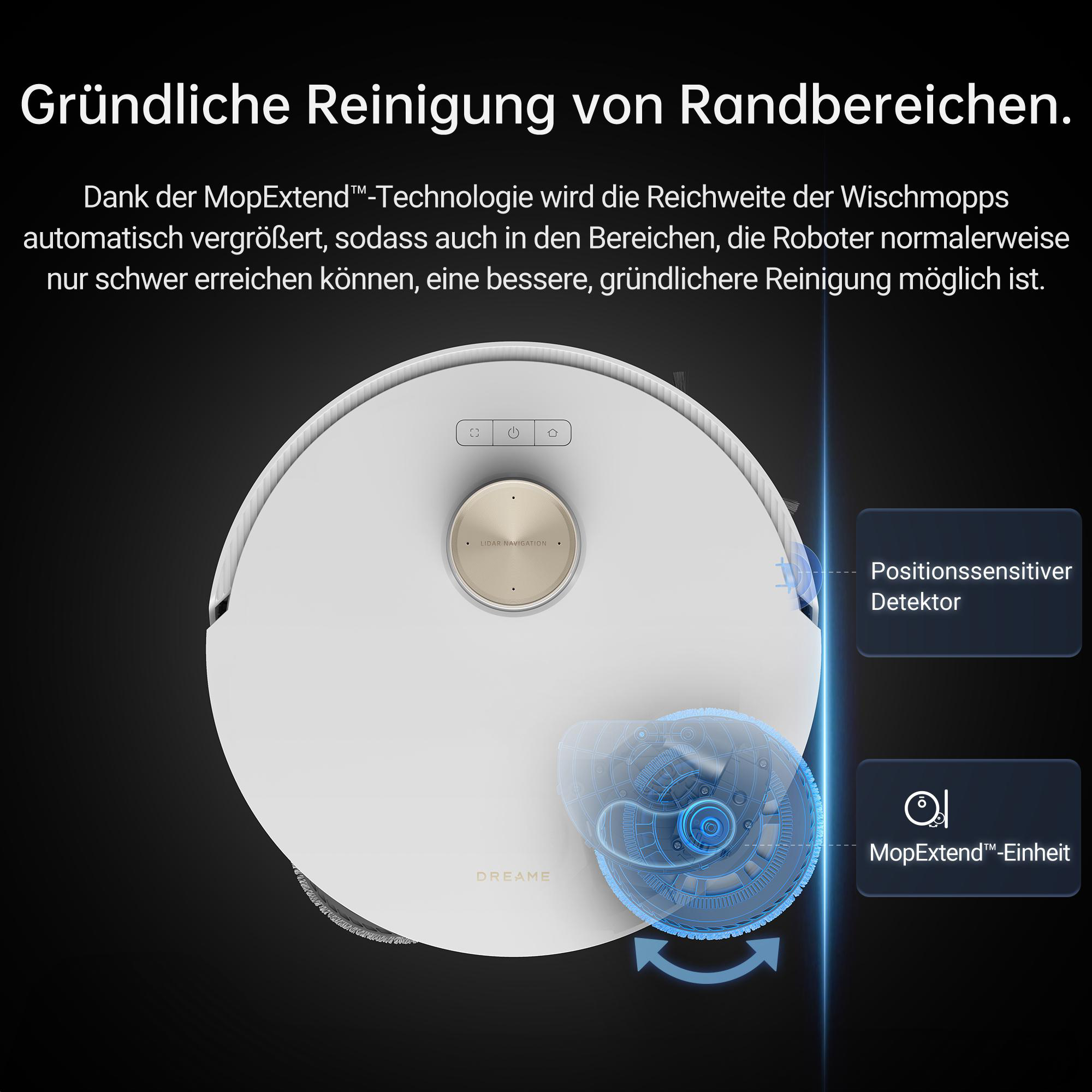 Ein weißer Roboter-Staubsauger mit blauen Akzenten und Text.