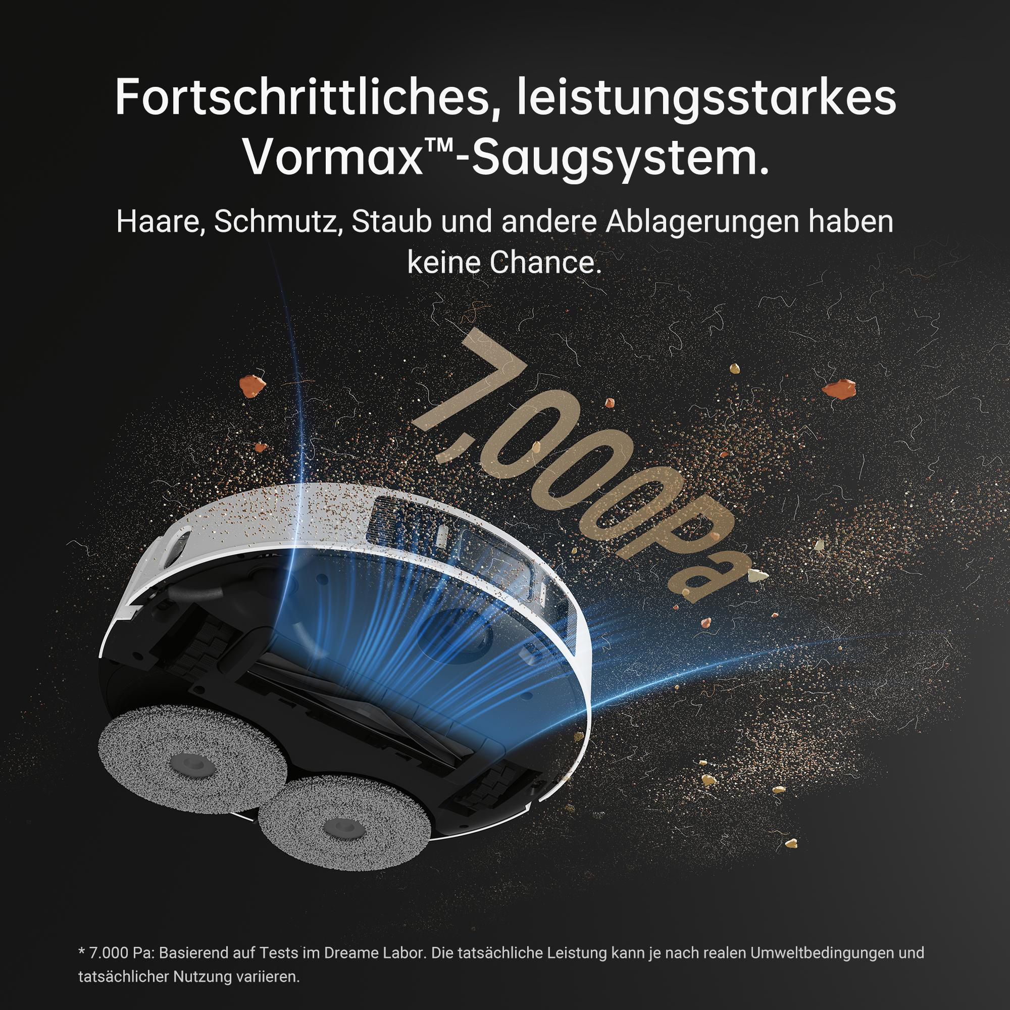 Roboter-Staubsauger reinigt einen Boden, Staubpartikel sind sichtbar.