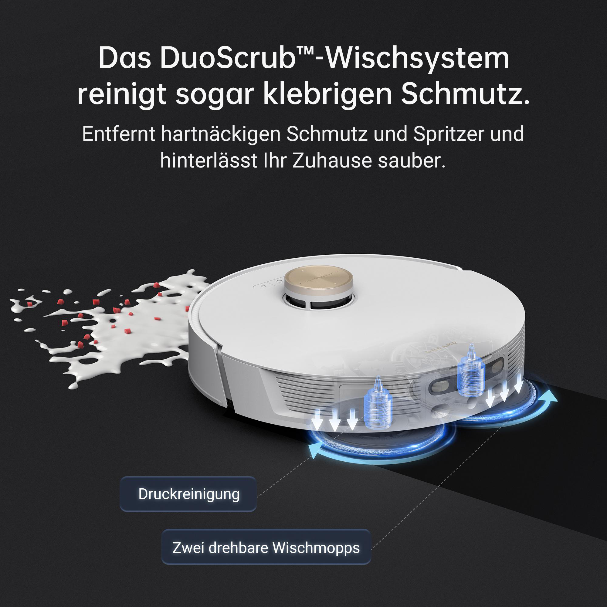 Ein weißer Roboter-Staubsauger mit blauen Reinigungspads und Text. Dunkler Hintergrund.