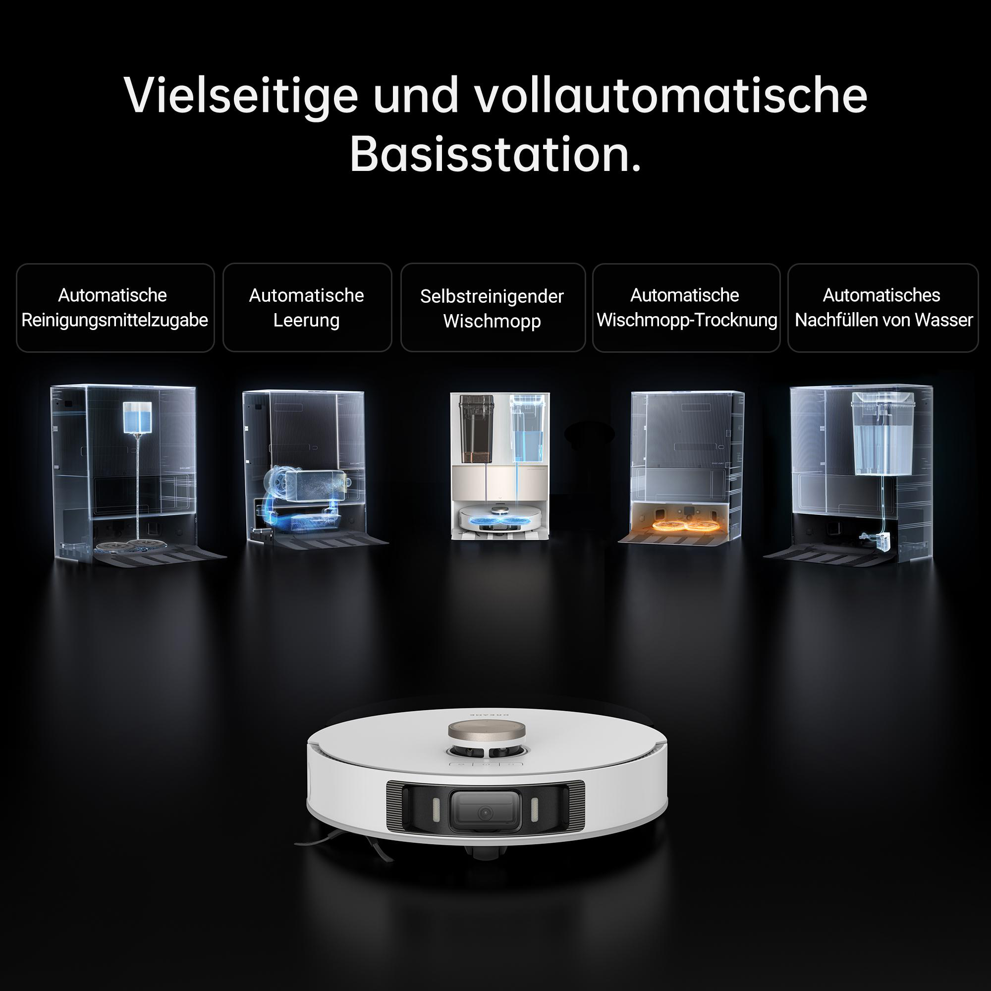 Ein Roboter-Staubsauger mit einer Basisstation und Symbolen für Reinigung und Wasserauffüllung.