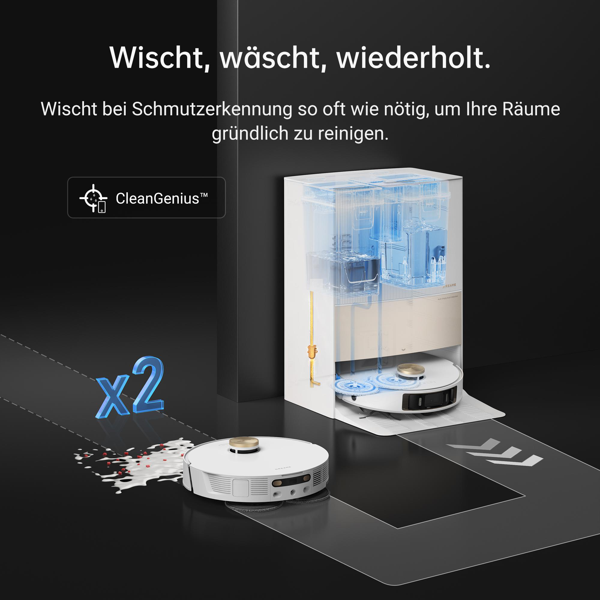 Roboter-Staubsauger mit Basisstation. Zeigt Reinigungspfad und Wassertanks.