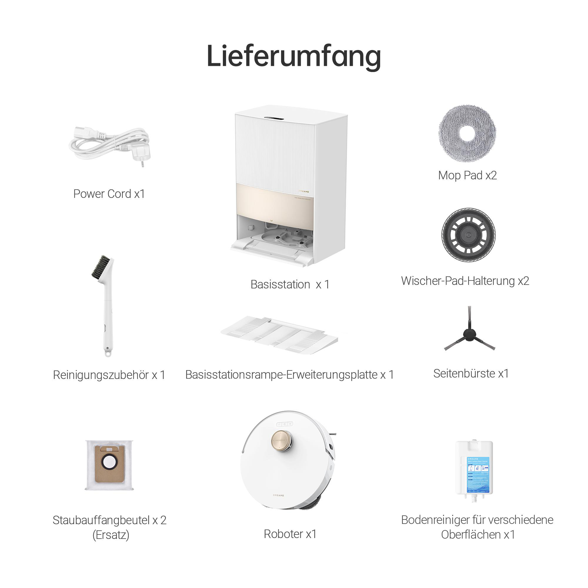 Roboter-Staubsauger-Teile: Basisstation, Mopp-Pads, Bürste, Staubbeutel und Roboter. Weißer Hintergrund.