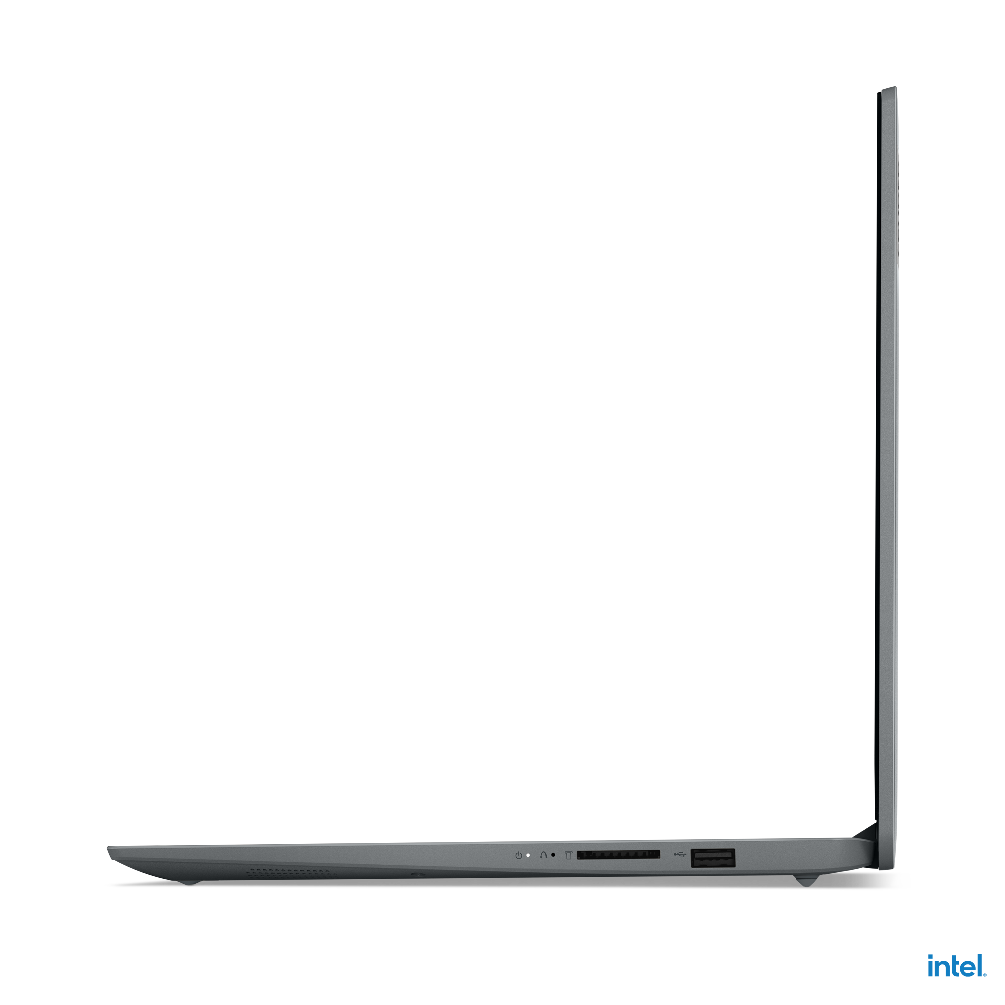 Gri bir dizüstü bilgisayarın yan görünümü, kapalı. Siyah ekran, bağlantı noktaları, Intel logosu.