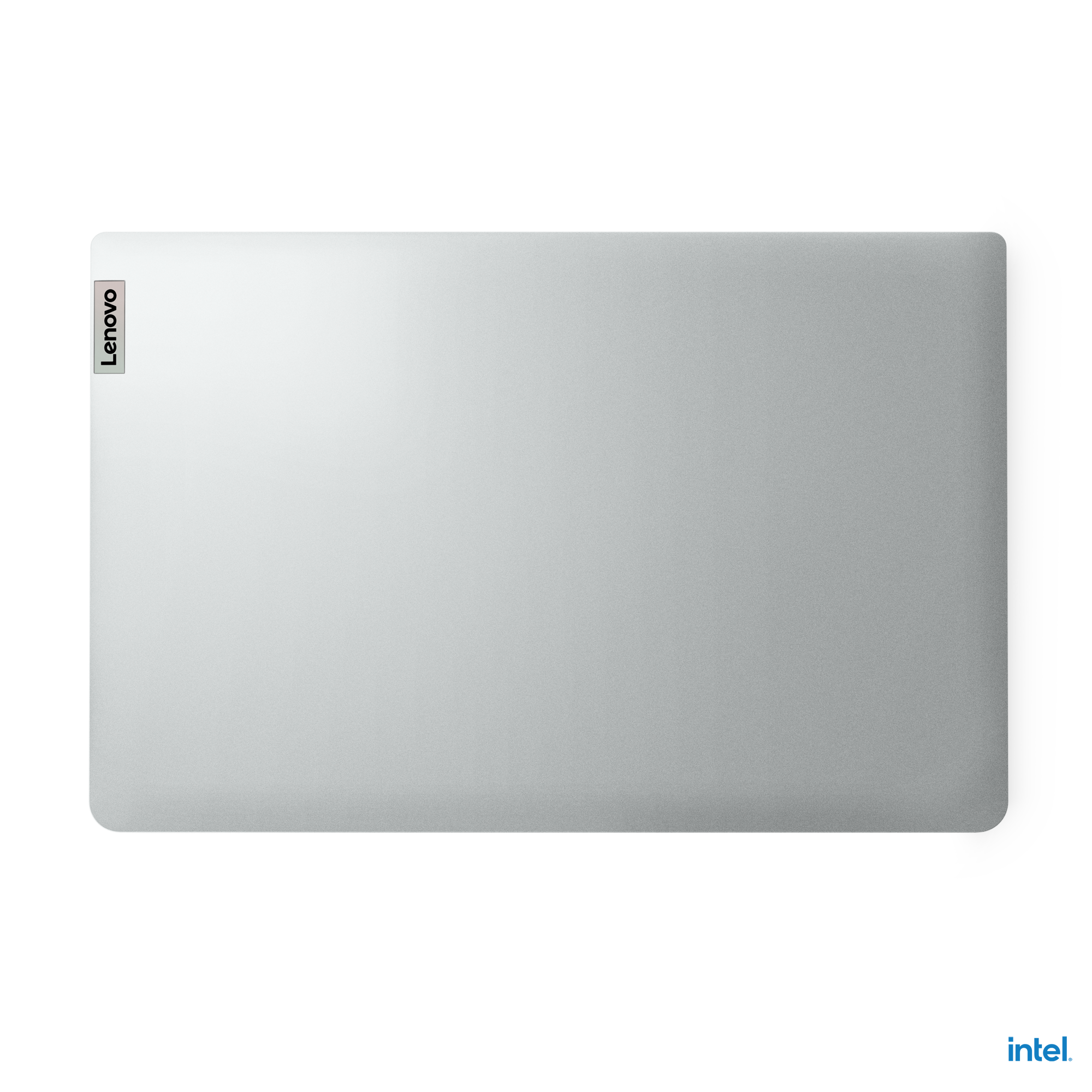 Siyah bir yüzeyde gümüş renkli bir Lenovo dizüstü bilgisayarın üstten görünümü, sol tarafta Lenovo logosu.