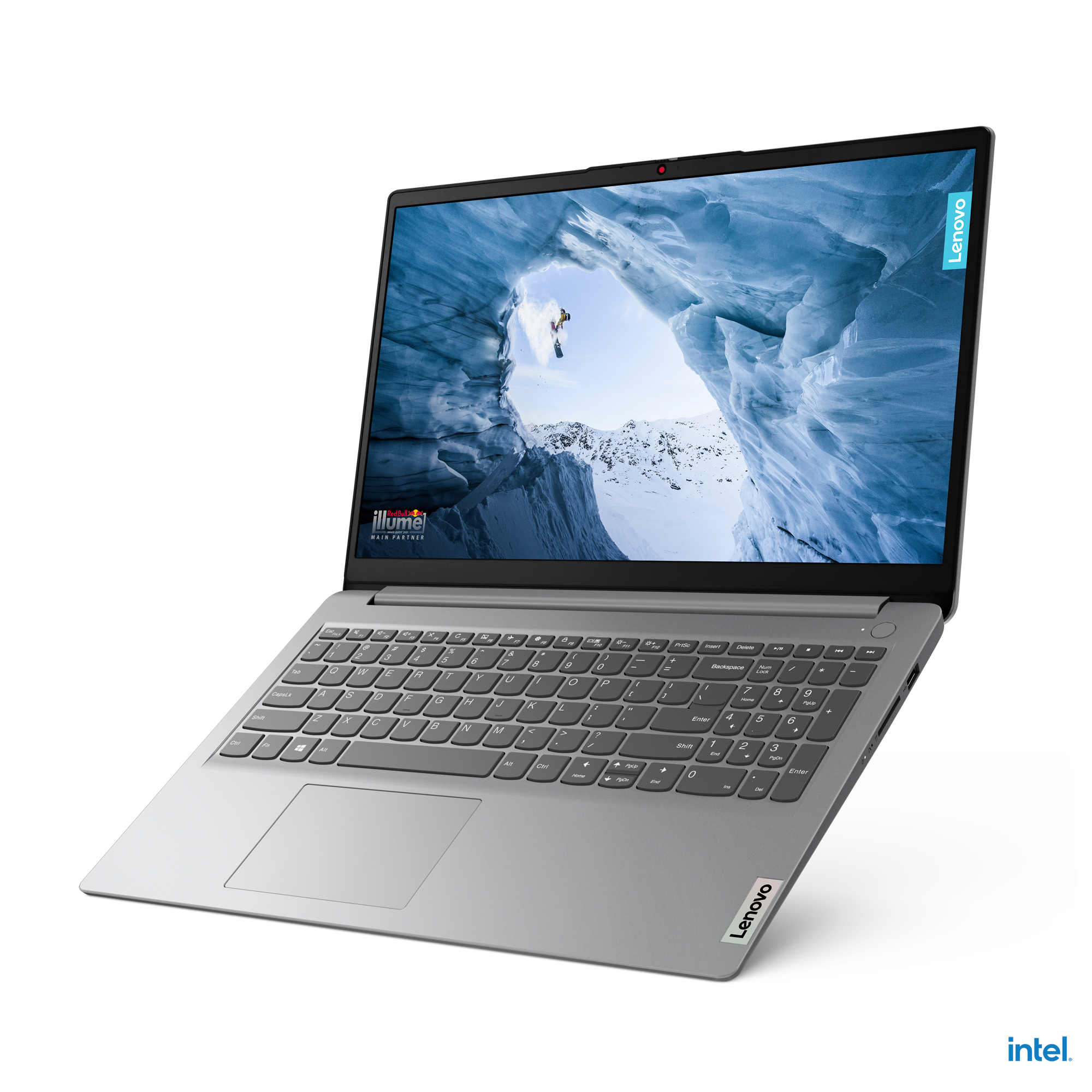 Ekranında karlı dağ manzarası olan gümüş dizüstü bilgisayar. Lenovo logosu görünür.
