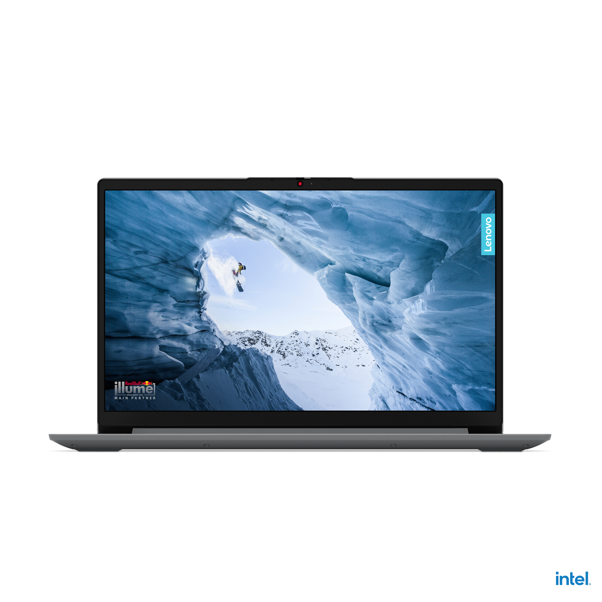 Buz mağarası sahnesi gösteren Lenovo dizüstü bilgisayar. Dizüstü bilgisayar siyah bir arka plan üzerinde.