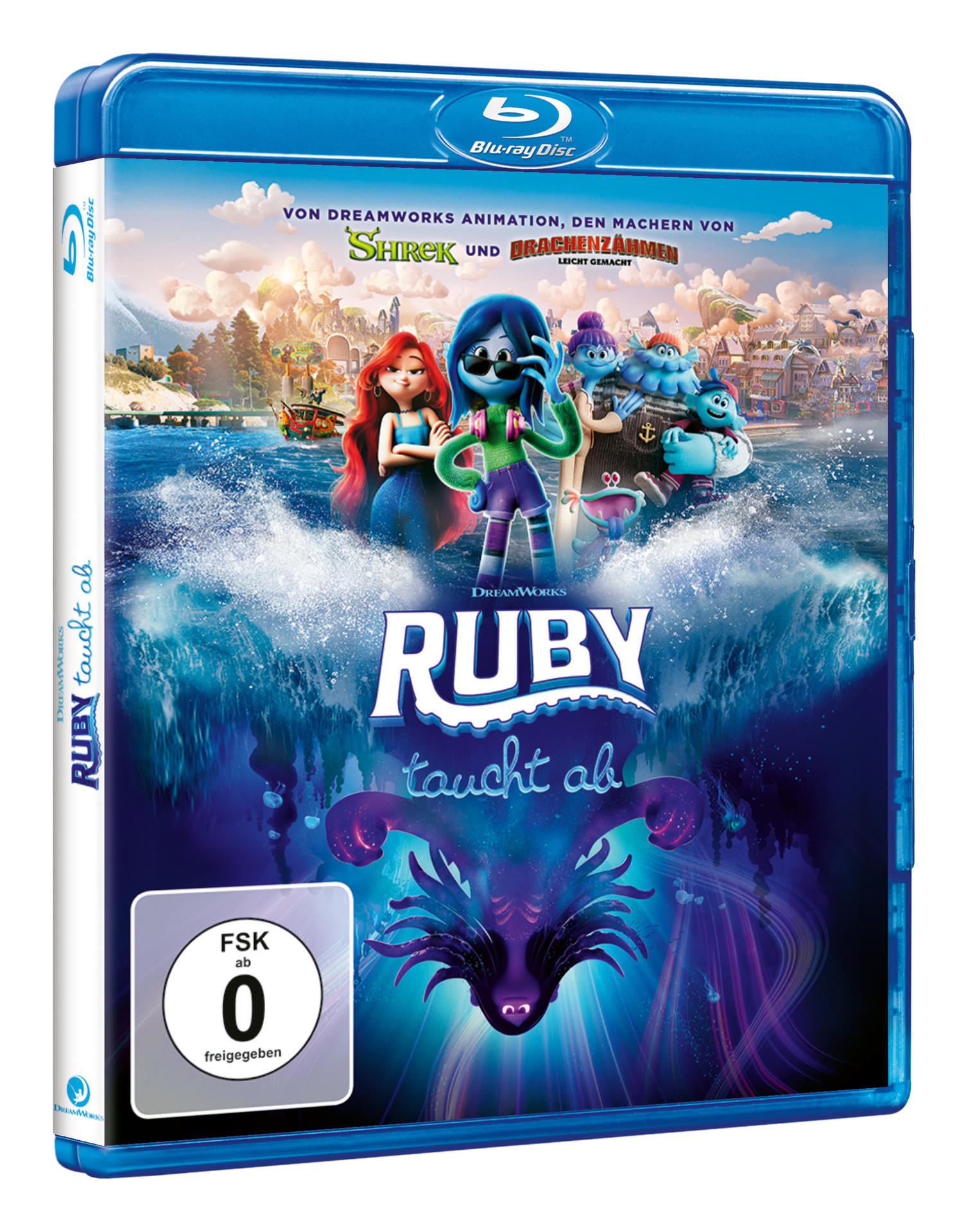 Blu-ray Disc-Hülle mit einer Meerjungfrau, Figuren und dem Titel 'RUBY taucht ab'.